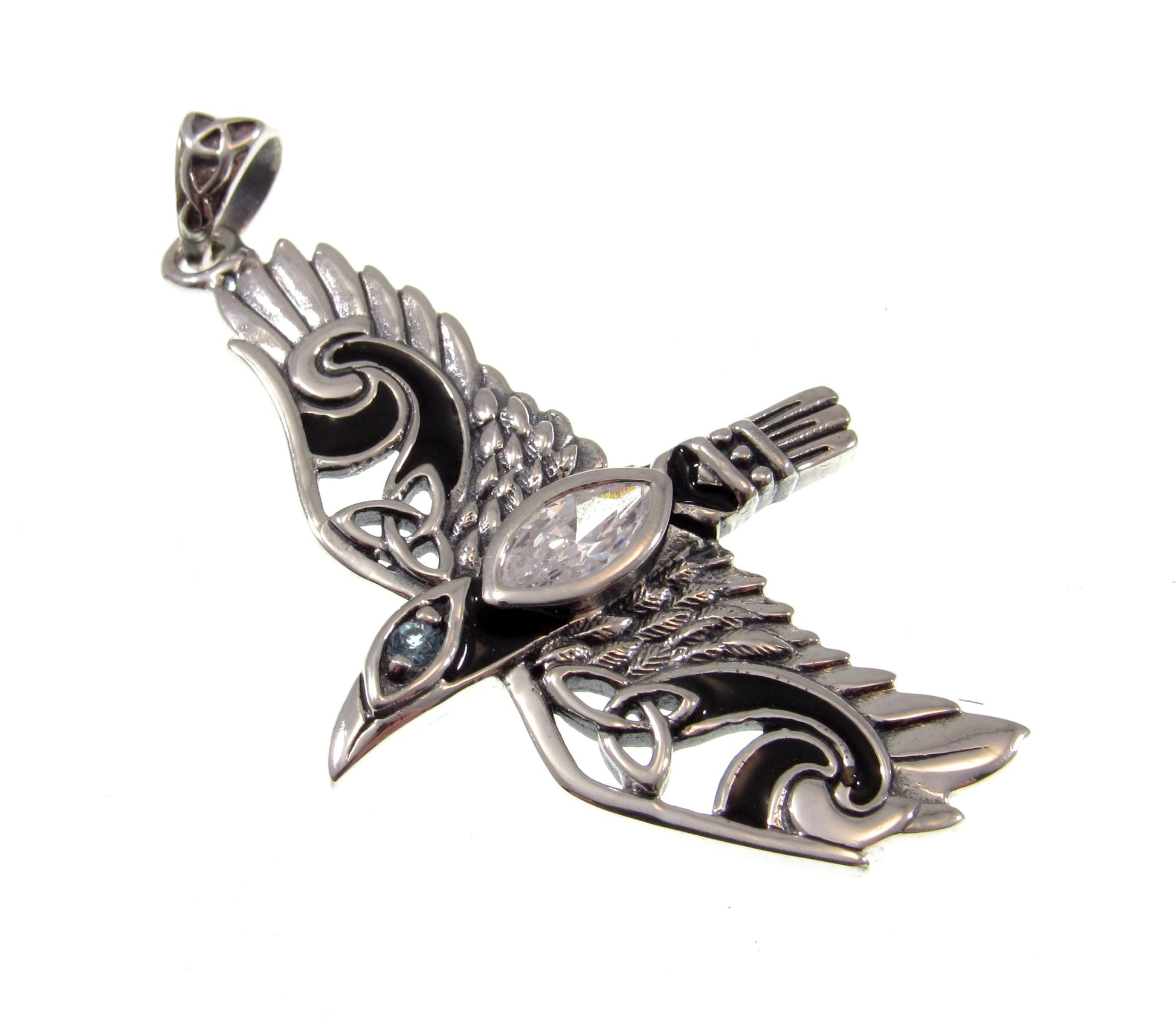 Solid 925 Sterling Silver Mythical Raven in Flight Pendant, Choose Faceted Gemstone: Purple Amethyst, Red Garnet, Rainbow Moonstone, Topaz