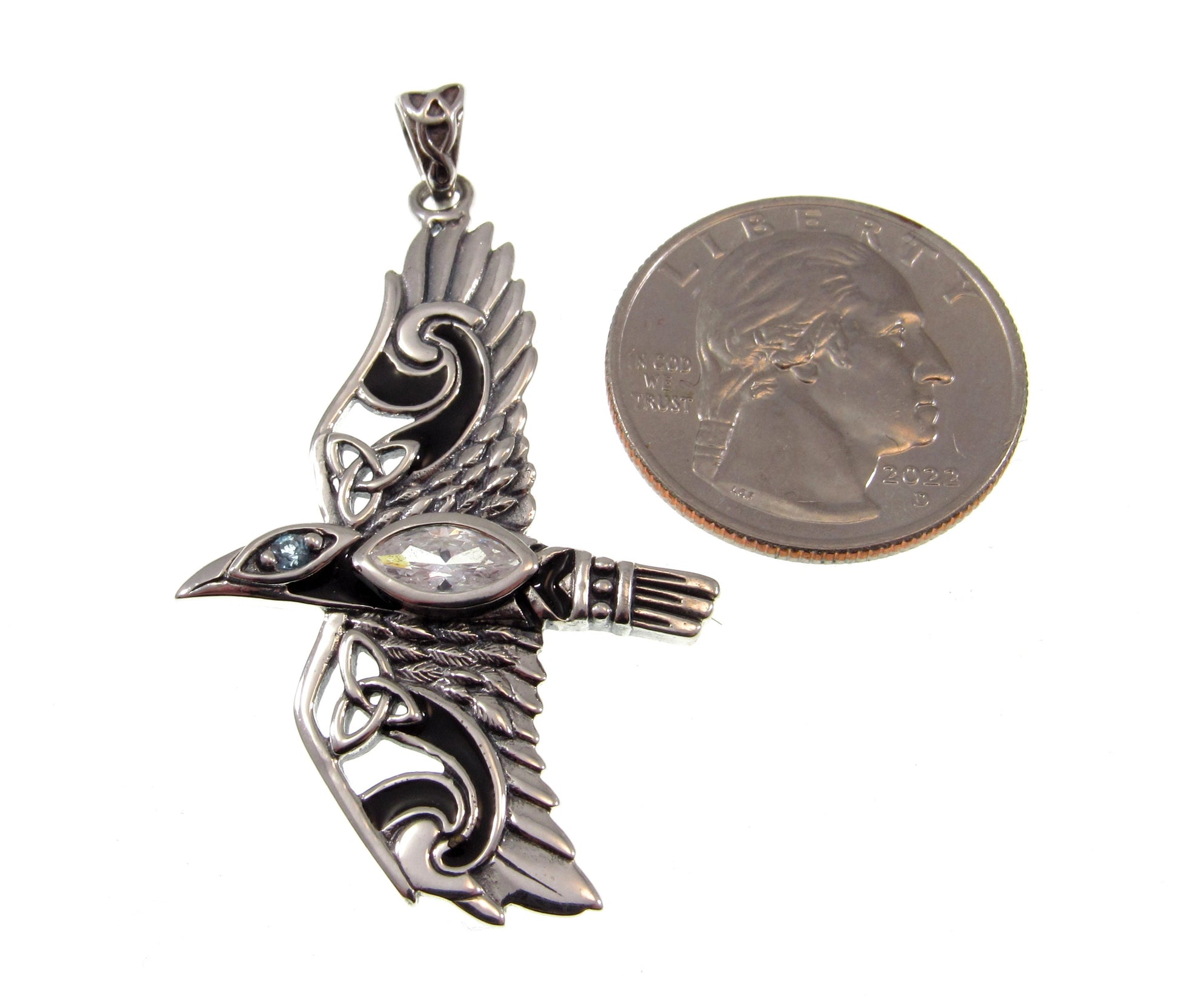 Solid 925 Sterling Silver Mythical Raven in Flight Pendant, Choose Faceted Gemstone: Purple Amethyst, Red Garnet, Rainbow Moonstone, Topaz