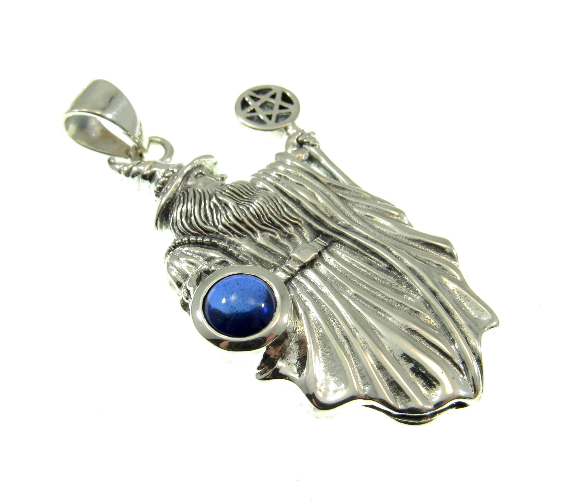 Solid 925 Sterling Silver Wizard with the Pentacle Star Pentagram Pendant w/ Gemstone: Amethyst, Garnet, Moonstone, or Sapphire