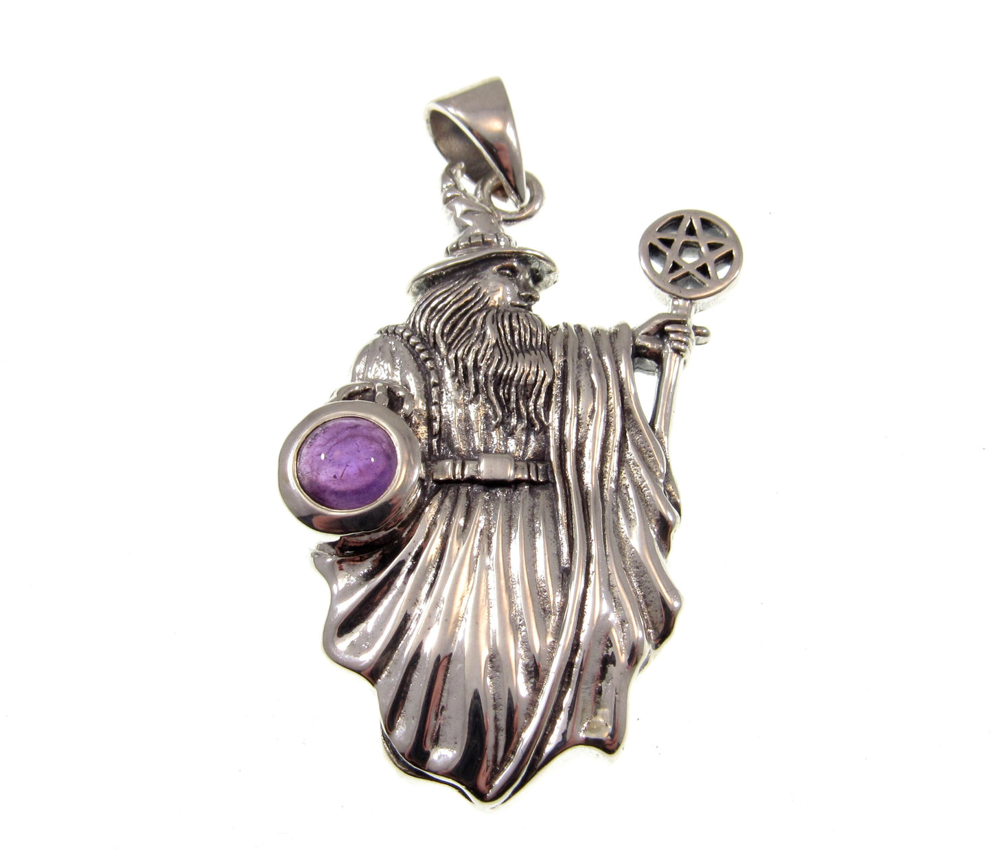 Solid 925 Sterling Silver Wizard with the Pentacle Star Pentagram Pendant w/ Gemstone: Amethyst, Garnet, Moonstone, or Sapphire