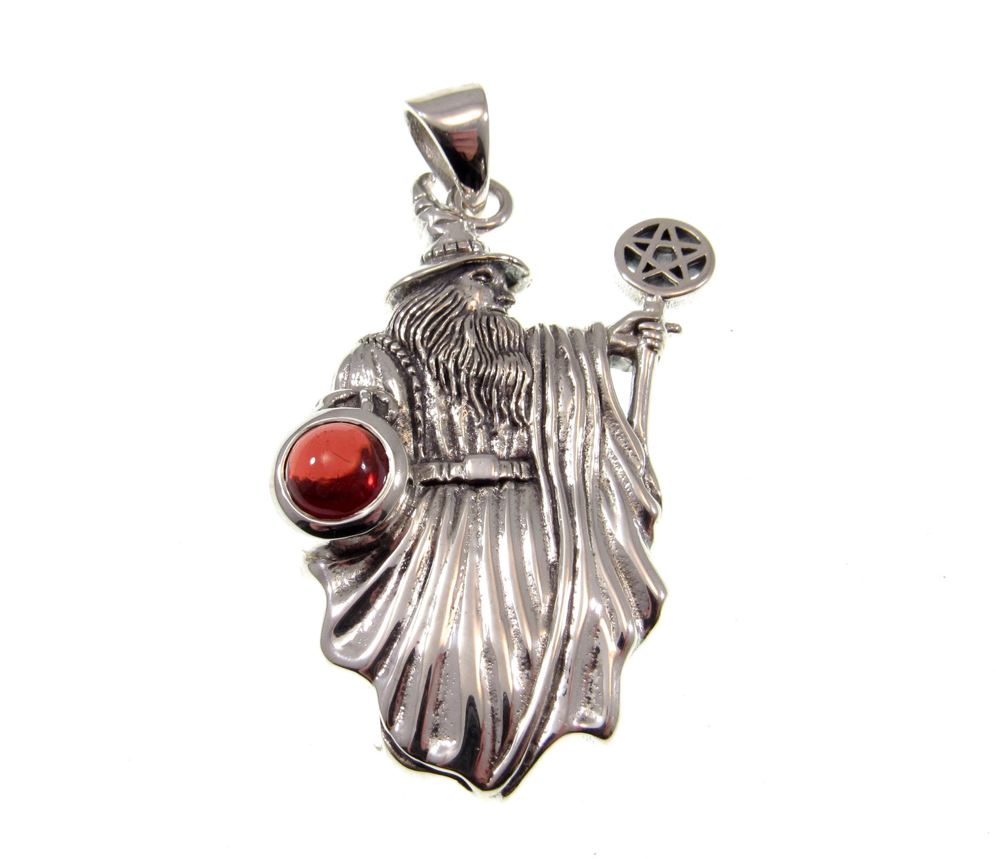 Solid 925 Sterling Silver Wizard with the Pentacle Star Pentagram Pendant w/ Gemstone: Amethyst, Garnet, Moonstone, or Sapphire