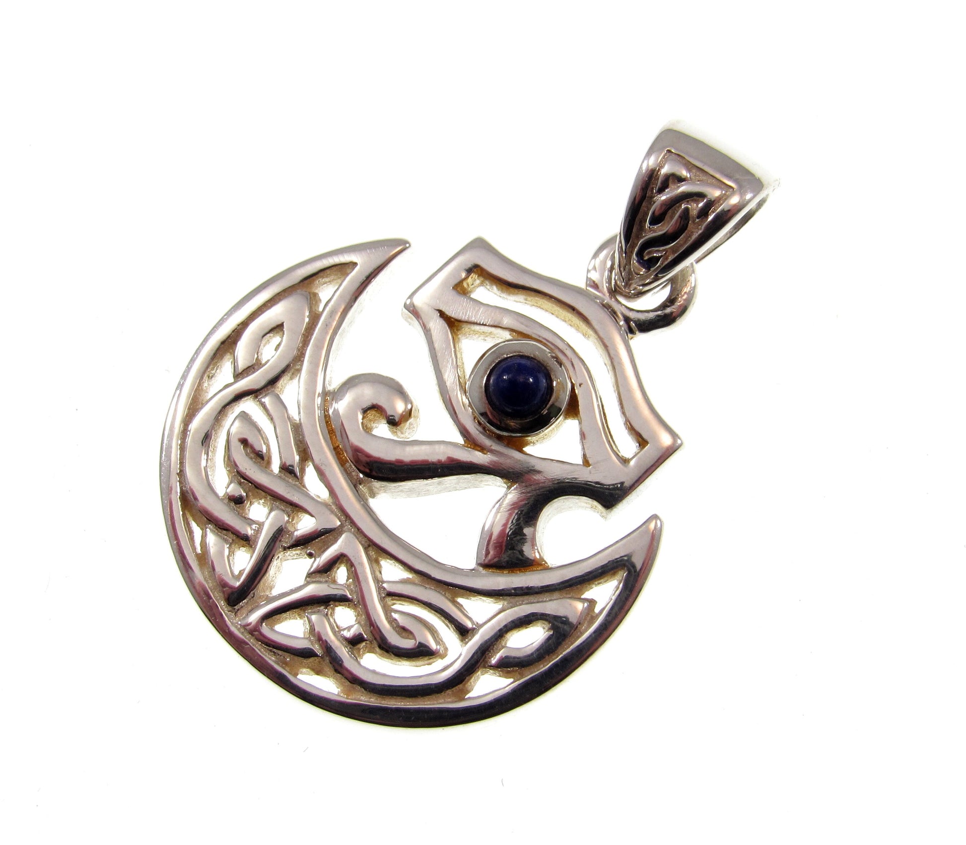 Solid 925 Sterling Silver Eye of Horus Pendant, Crescent Half Moon Charm, Celtic Knots and Lapis Lazuli Gem, Handcrafted Egyptian Jewelry