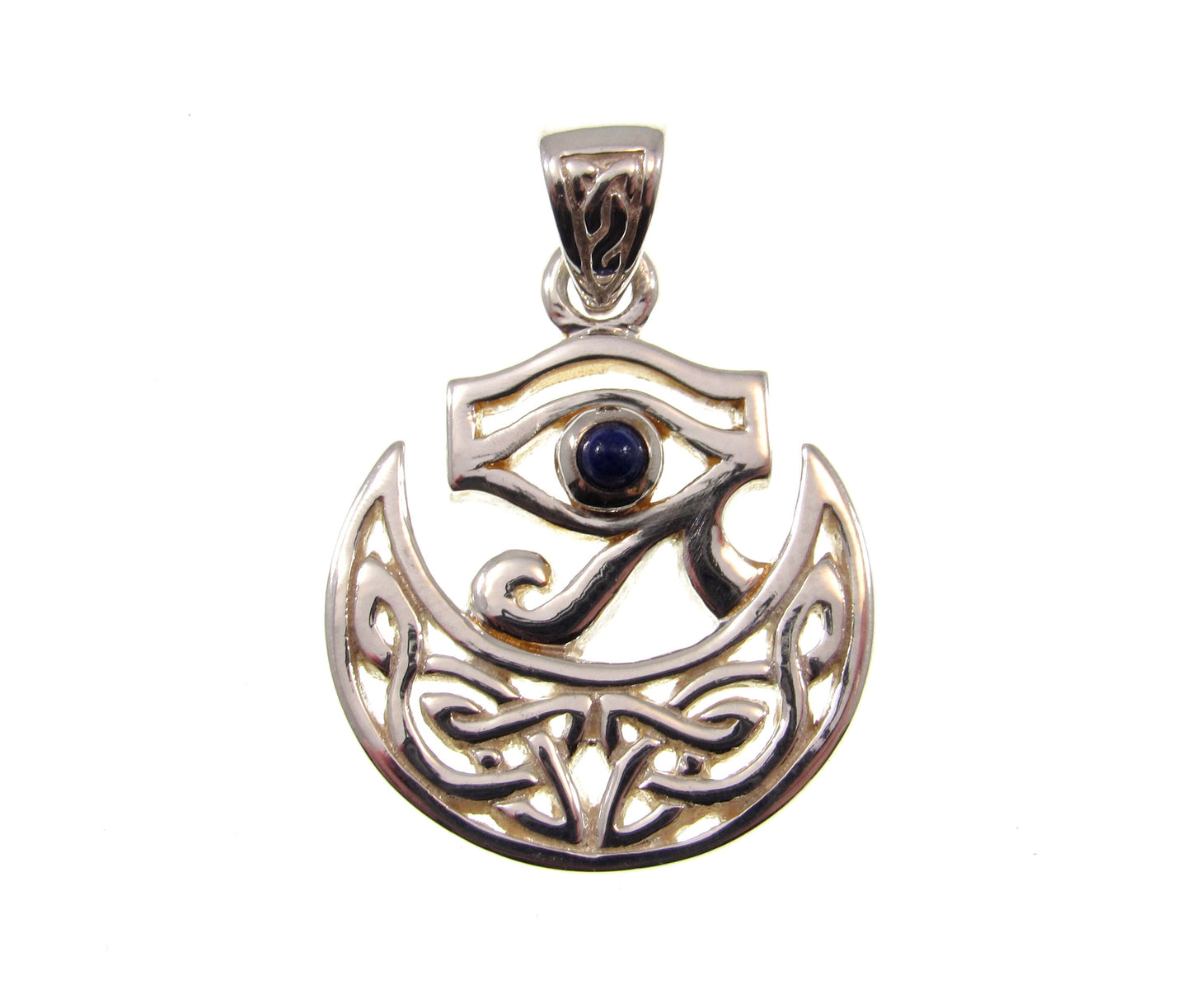 Solid 925 Sterling Silver Eye of Horus Pendant, Crescent Half Moon Charm, Celtic Knots and Lapis Lazuli Gem, Handcrafted Egyptian Jewelry