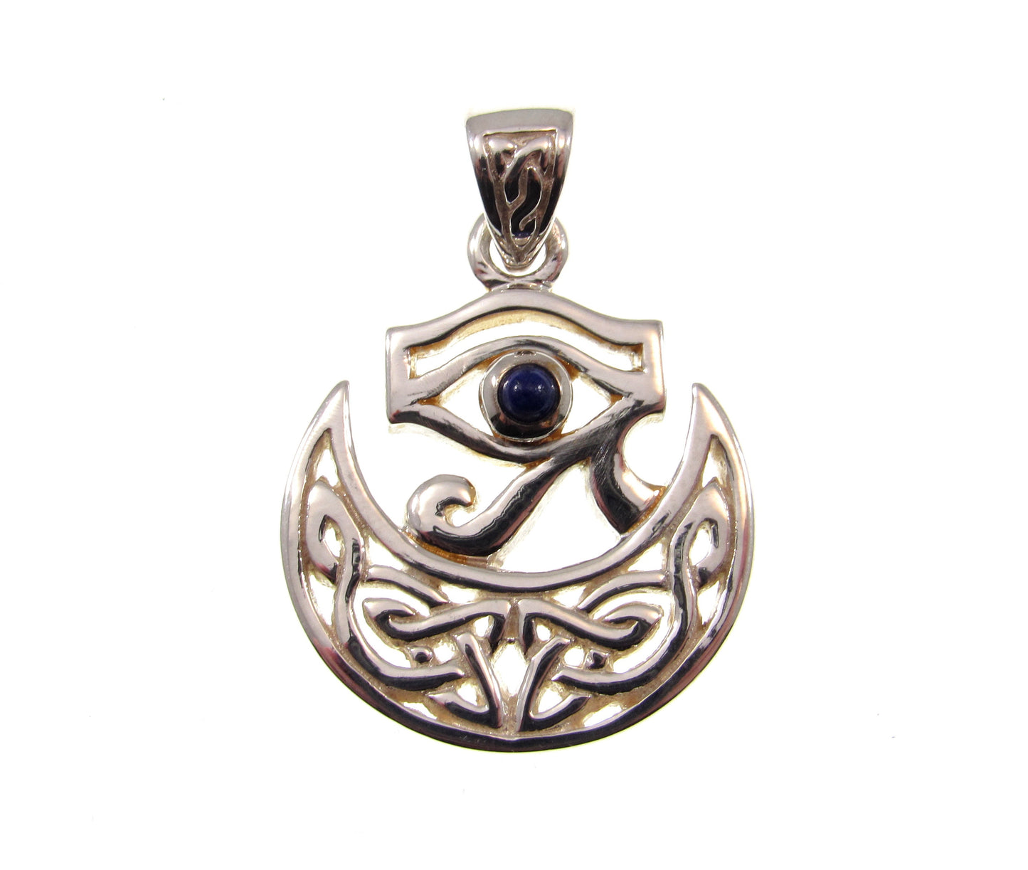 Solid 925 Sterling Silver Eye of Horus Pendant, Crescent Half Moon Charm, Celtic Knots and Lapis Lazuli Gem, Handcrafted Egyptian Jewelry