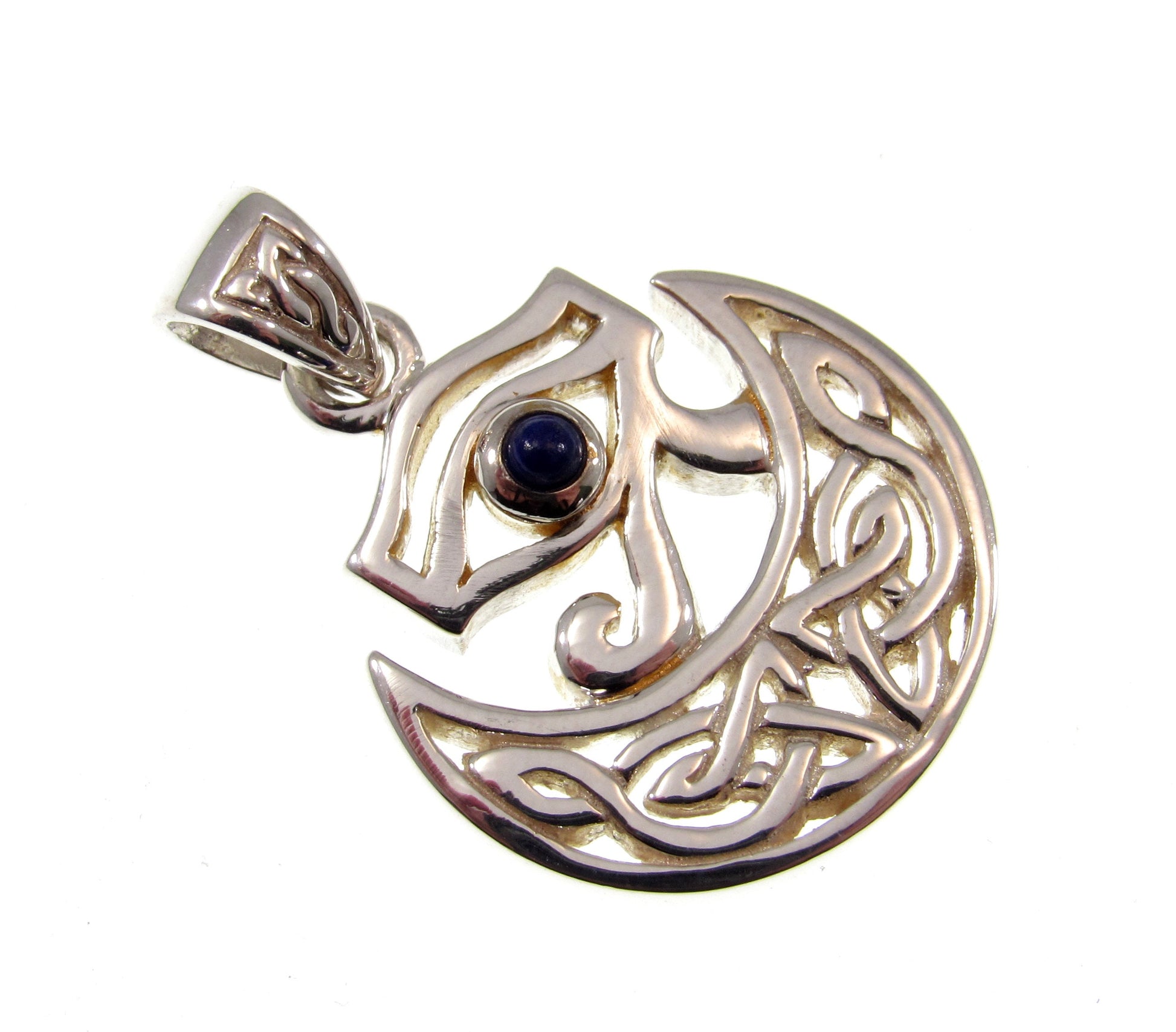 Solid 925 Sterling Silver Eye of Horus Pendant, Crescent Half Moon Charm, Celtic Knots and Lapis Lazuli Gem, Handcrafted Egyptian Jewelry