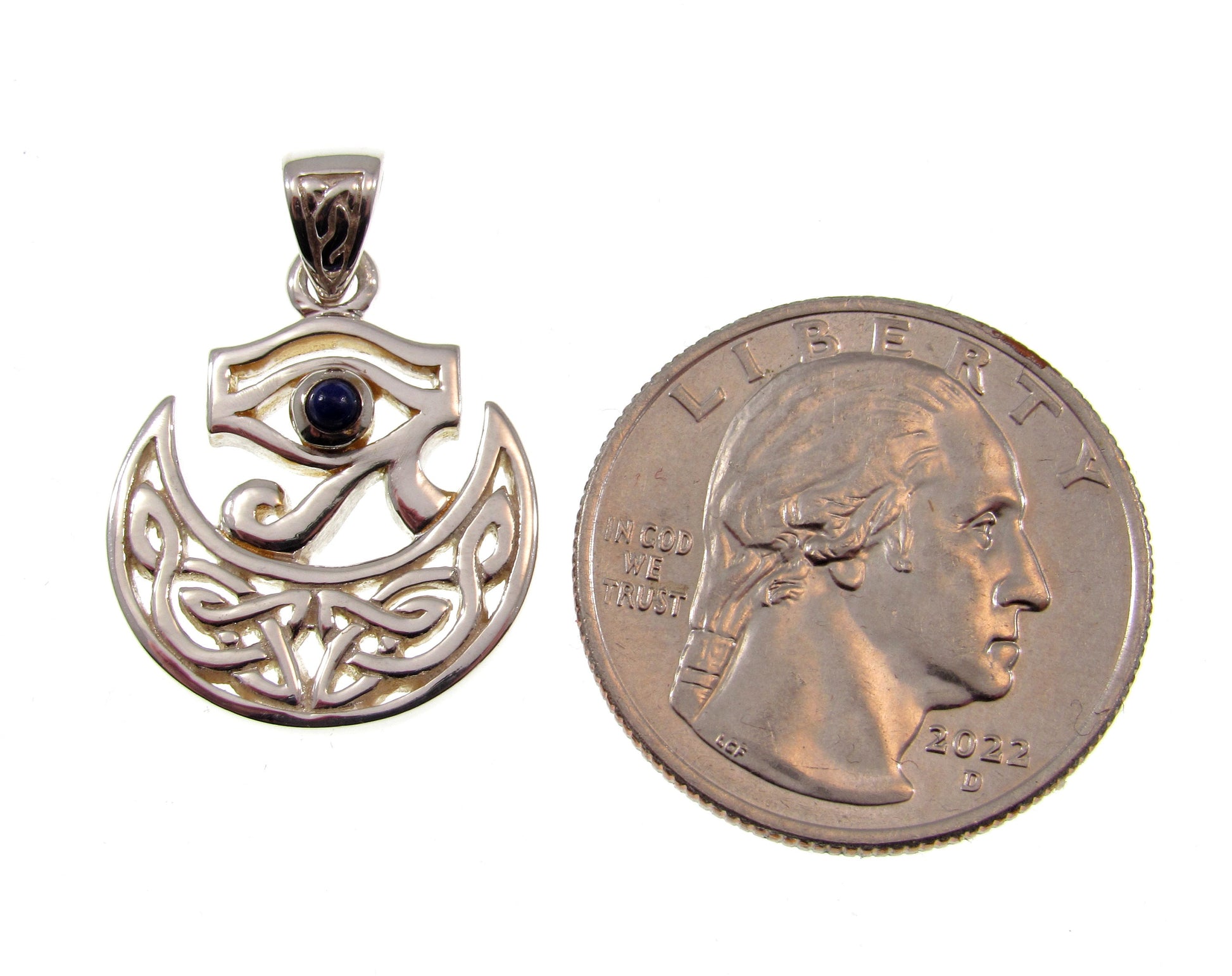 Solid 925 Sterling Silver Eye of Horus Pendant, Crescent Half Moon Charm, Celtic Knots and Lapis Lazuli Gem, Handcrafted Egyptian Jewelry