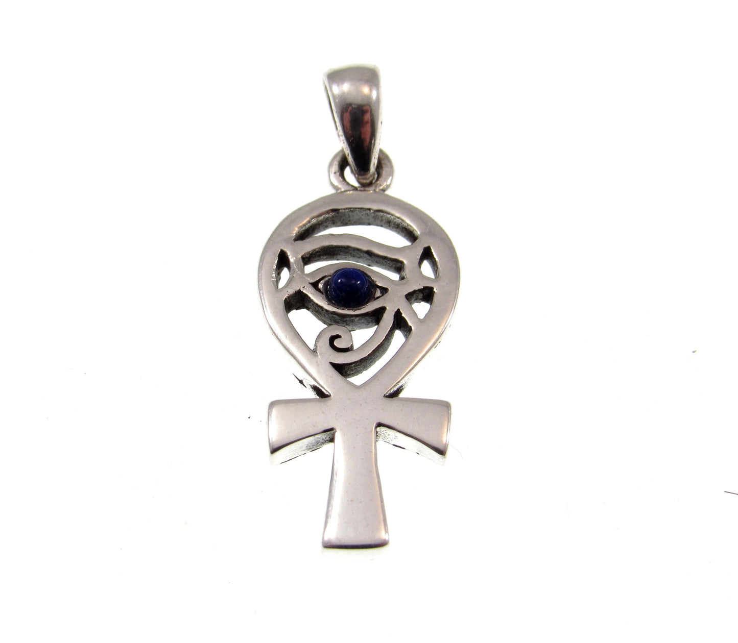 Solid 925 Sterling Silver Eye of Horus Egyptian Ankh Cross Pendant with Lapis Lazuli Gemstone