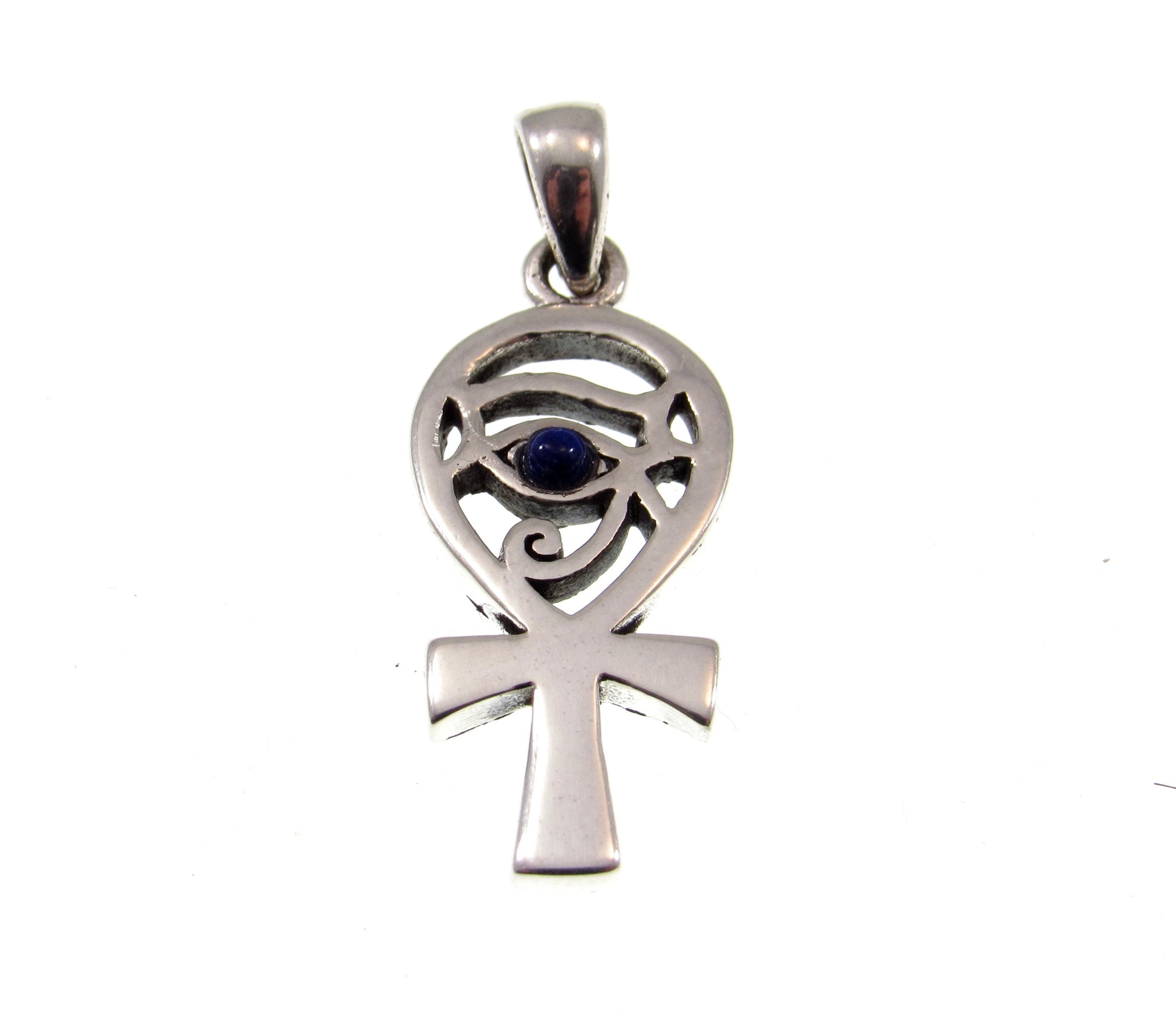 Solid 925 Sterling Silver Eye of Horus Egyptian Ankh Cross Pendant with Lapis Lazuli Gemstone