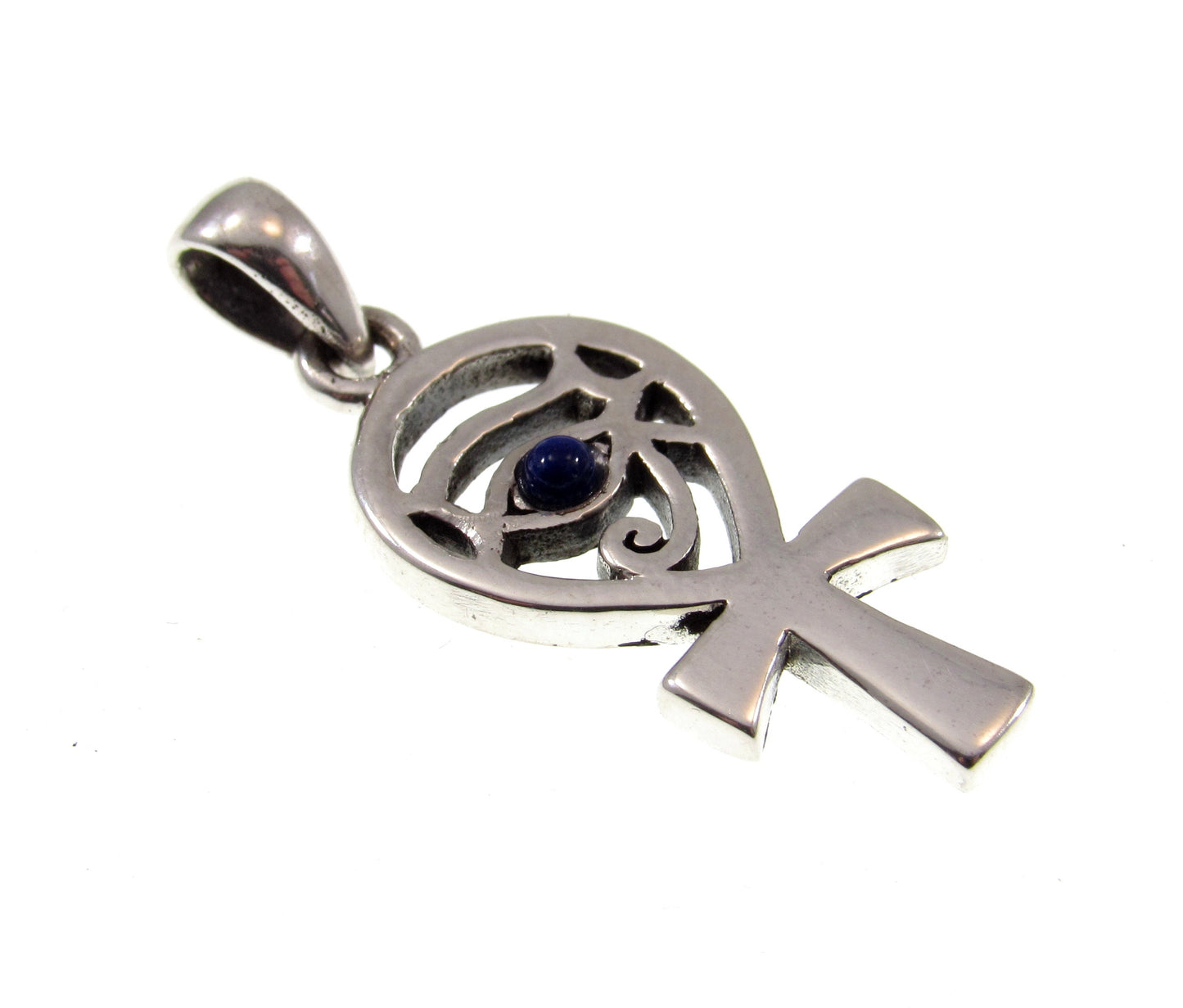 Solid 925 Sterling Silver Eye of Horus Egyptian Ankh Cross Pendant with Lapis Lazuli Gemstone