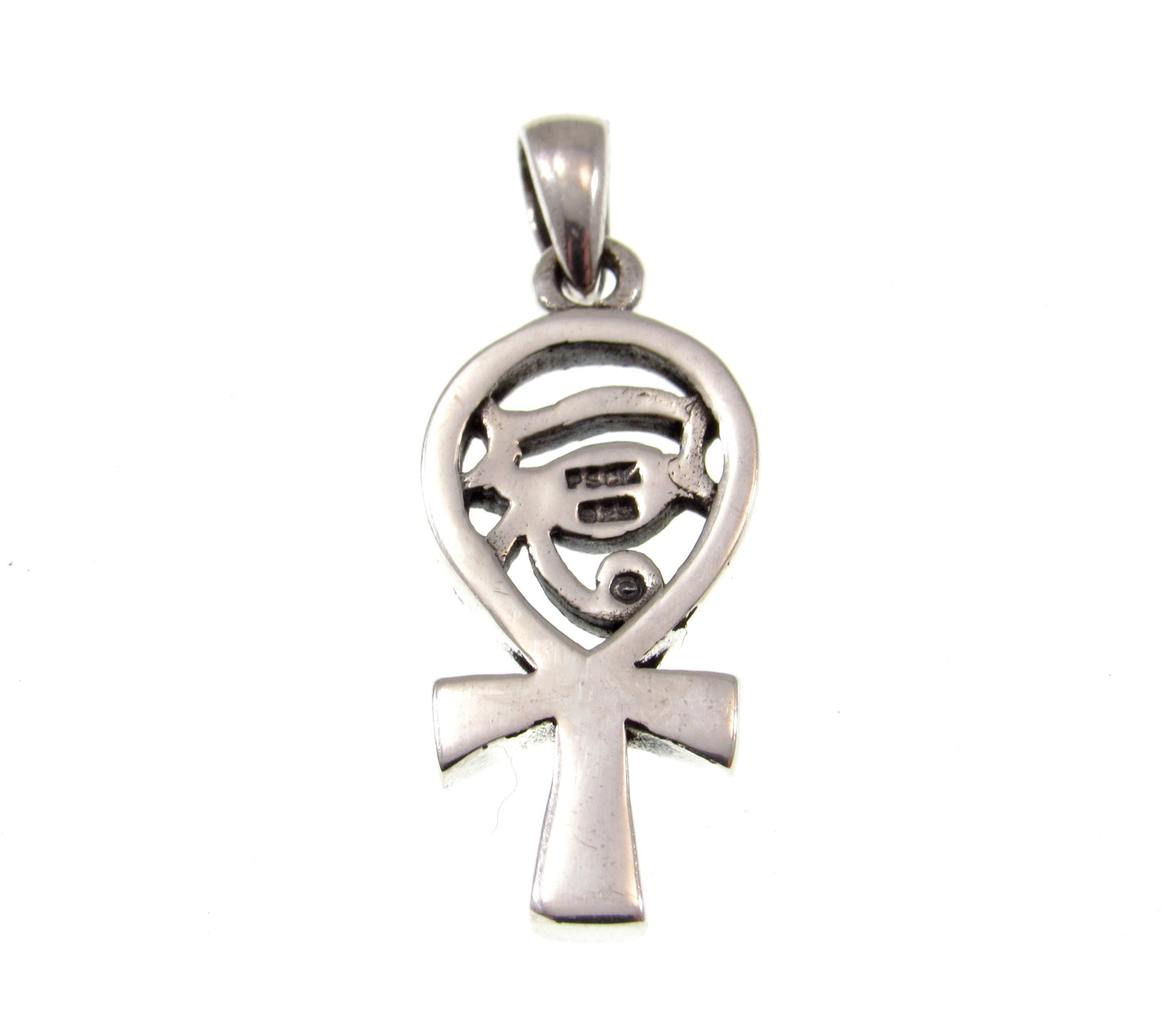 Solid 925 Sterling Silver Eye of Horus Egyptian Ankh Cross Pendant with Lapis Lazuli Gemstone