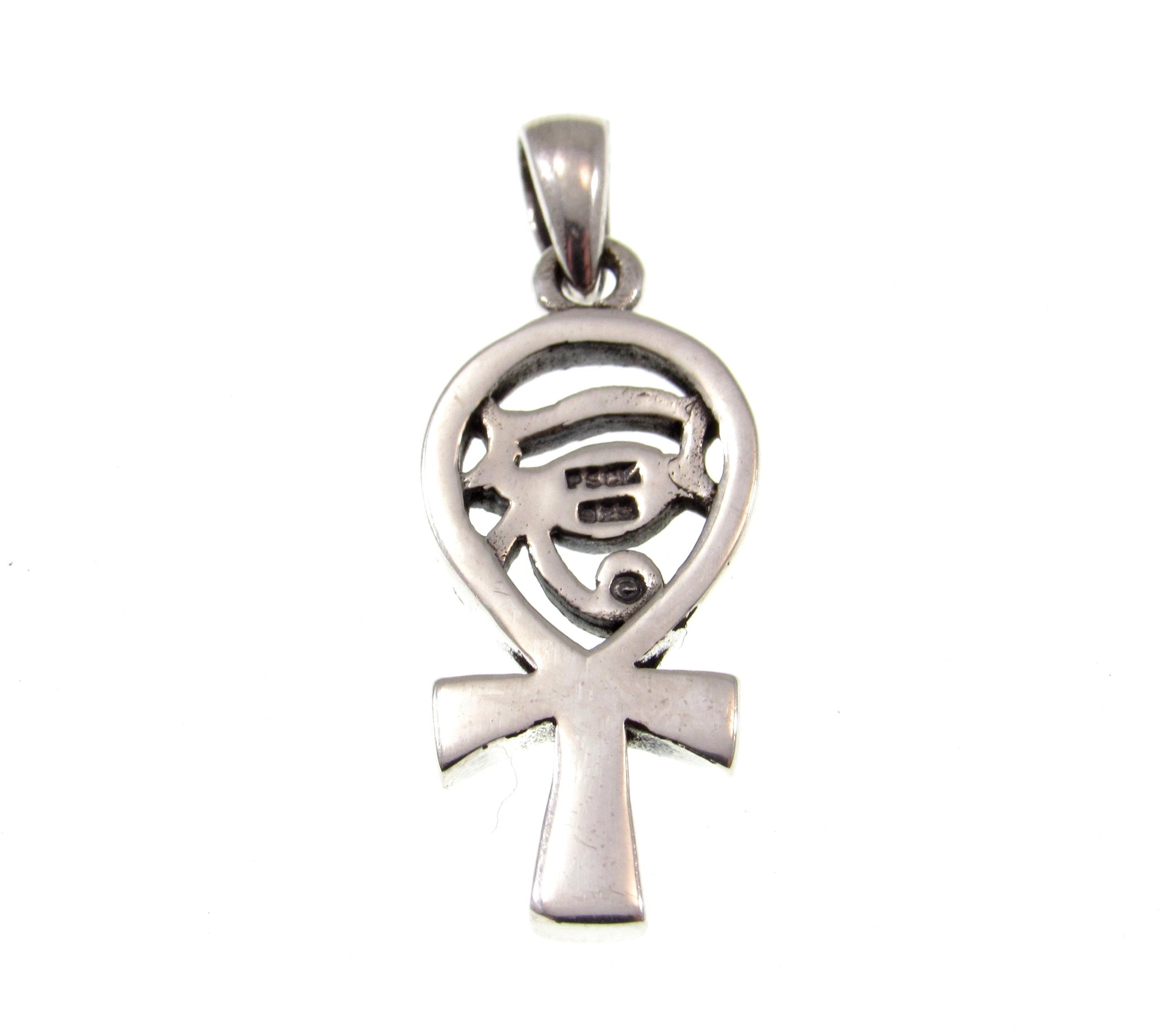 Solid 925 Sterling Silver Eye of Horus Egyptian Ankh Cross Pendant with Lapis Lazuli Gemstone