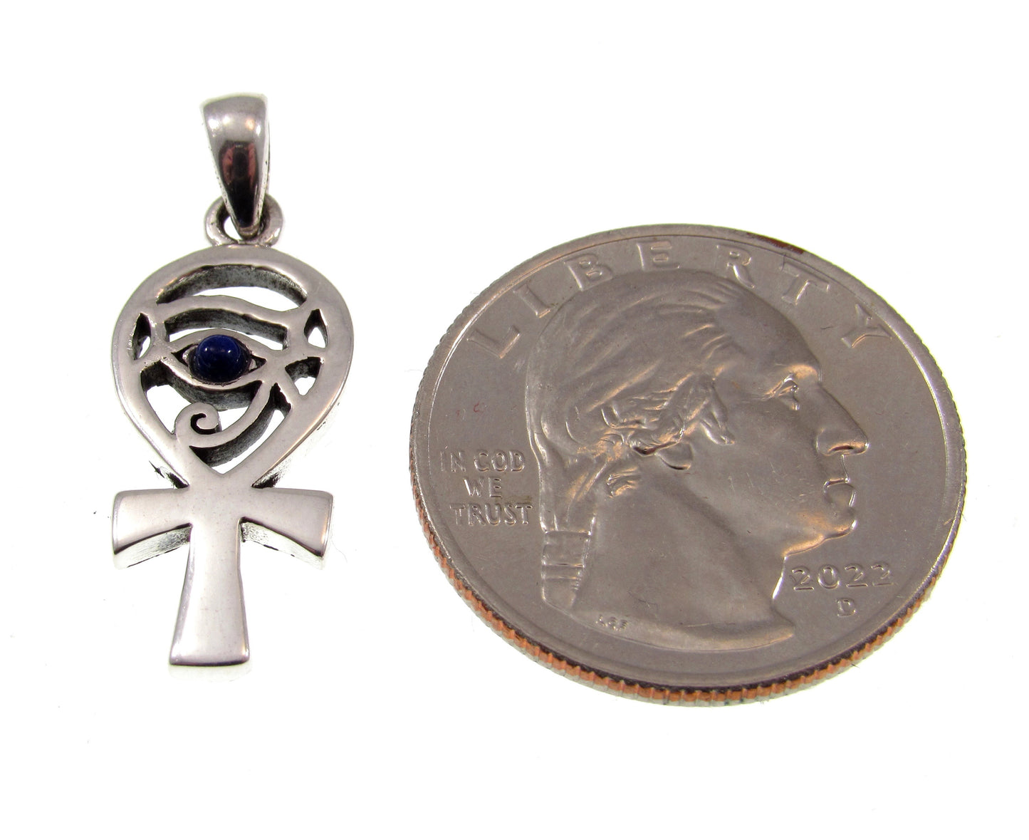Solid 925 Sterling Silver Eye of Horus Egyptian Ankh Cross Pendant with Lapis Lazuli Gemstone