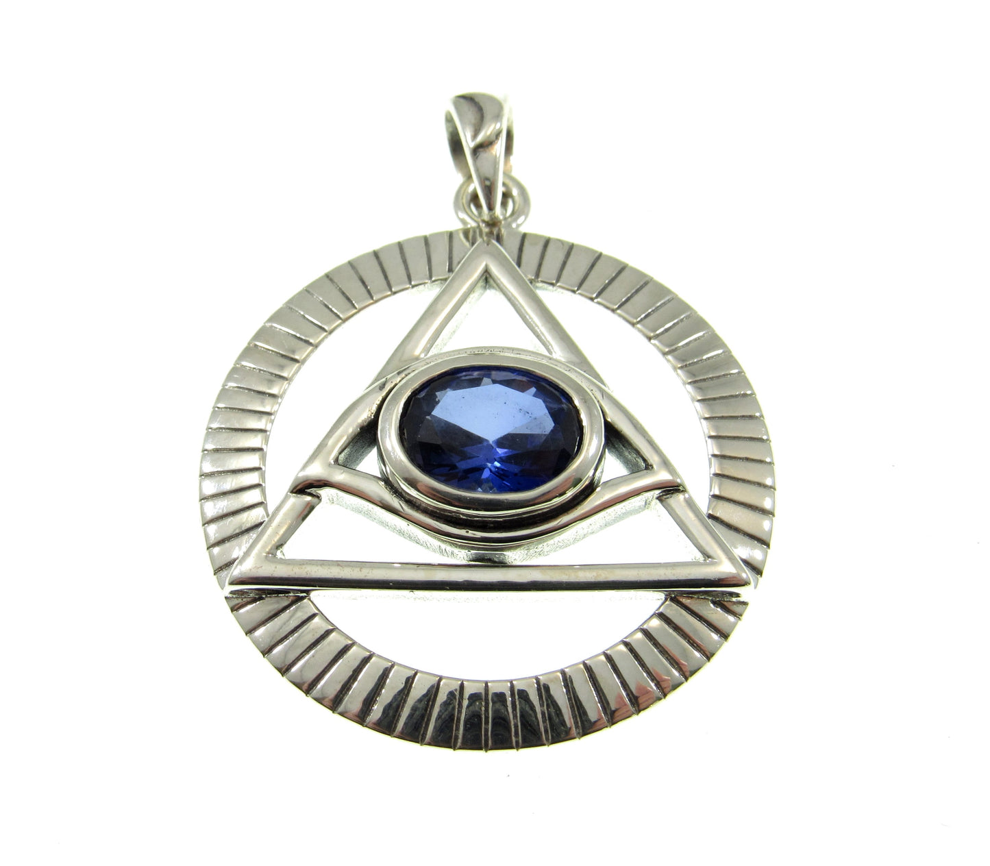 Solid 925 Sterling Silver Eye of the Egyptian Pyramid Illuminati Pendant, Choose Gemstone: Amethyst Garnet Sapphire or Bue Topaz