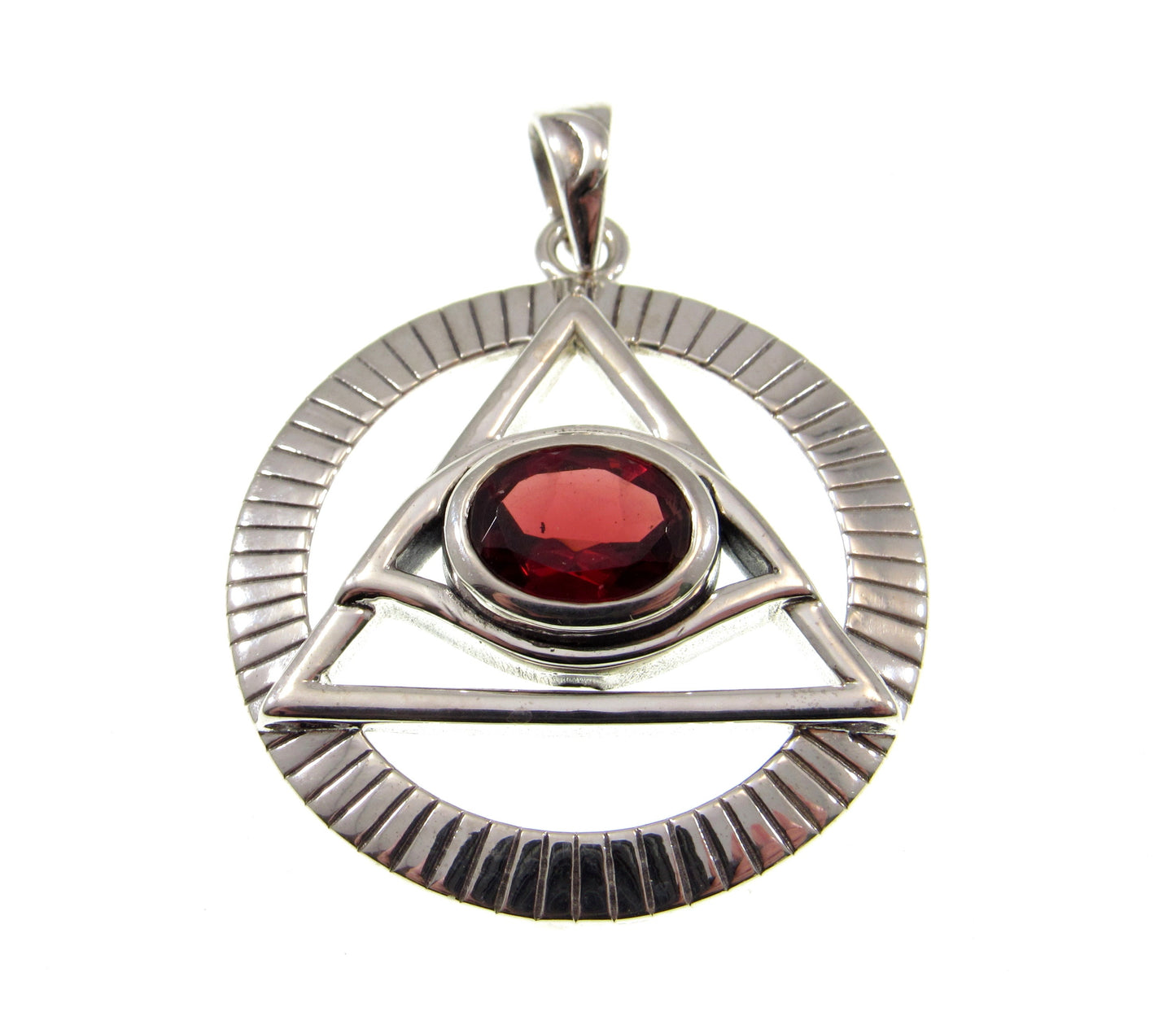 Solid 925 Sterling Silver Eye of the Egyptian Pyramid Illuminati Pendant, Choose Gemstone: Amethyst Garnet Sapphire or Bue Topaz