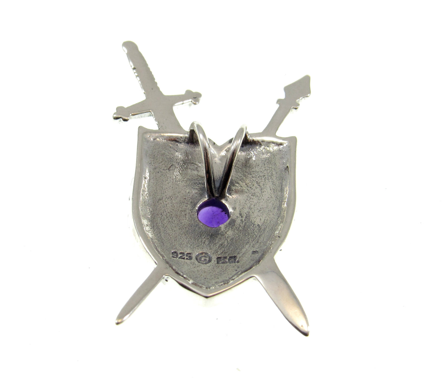 Solid 925 Sterling Silver Shield of the Triple Moon & Swords Pendant, Choose Gemstone: Amethyst or Rainbow Moonstone
