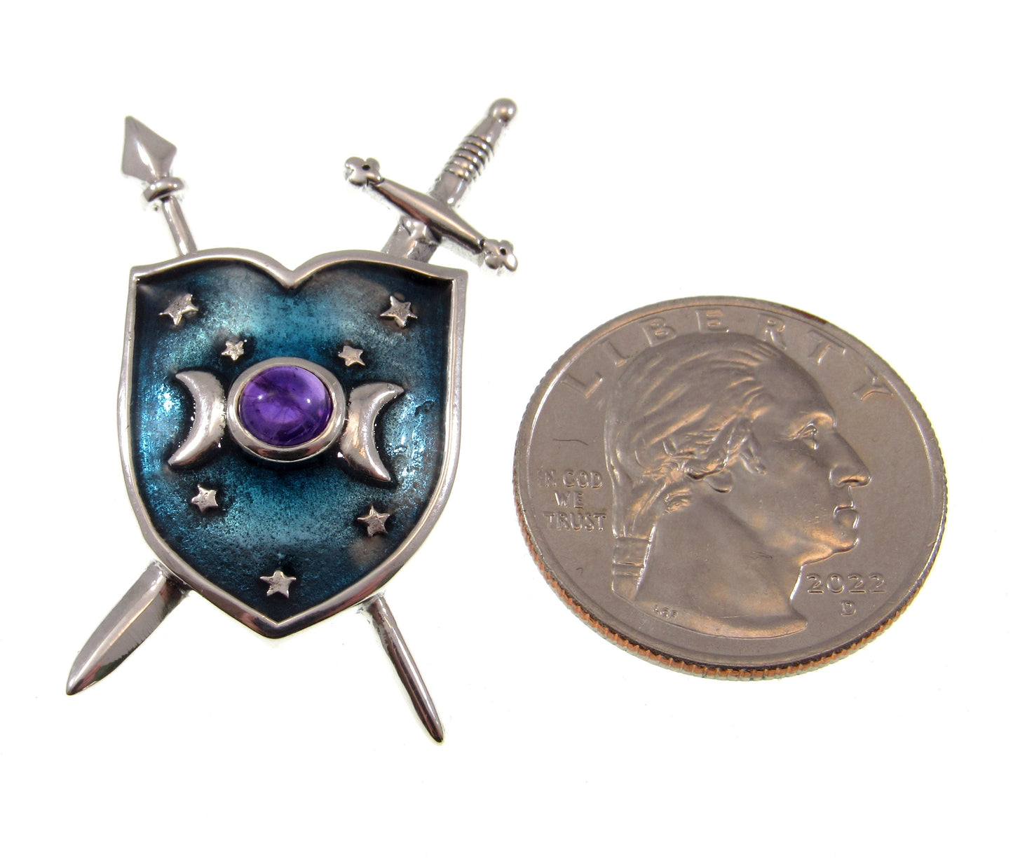 Solid 925 Sterling Silver Shield of the Triple Moon & Swords Pendant, Choose Gemstone: Amethyst or Rainbow Moonstone