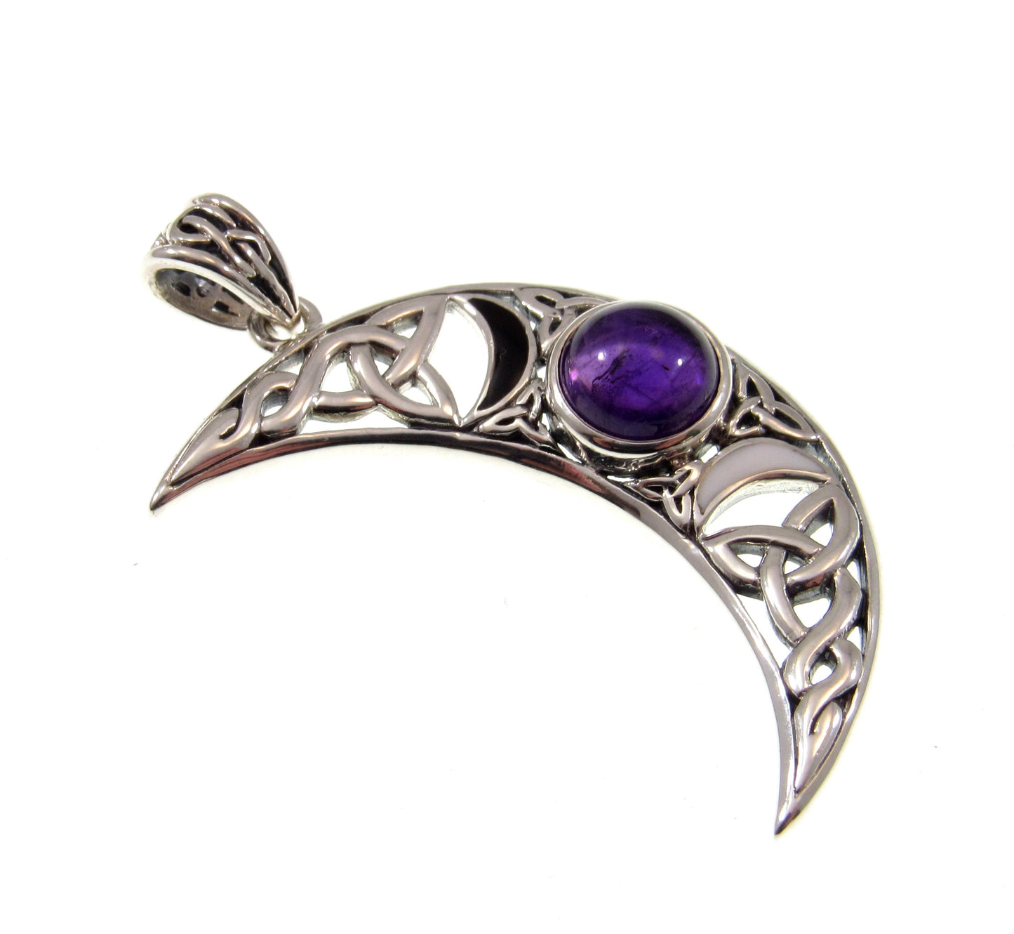 Solid 925 Sterling Silver Celtic Waxing Blue Crescent Moon Pendant, Choose Gemstone: Amethyst, Garnet, or Rainbow Moonstone