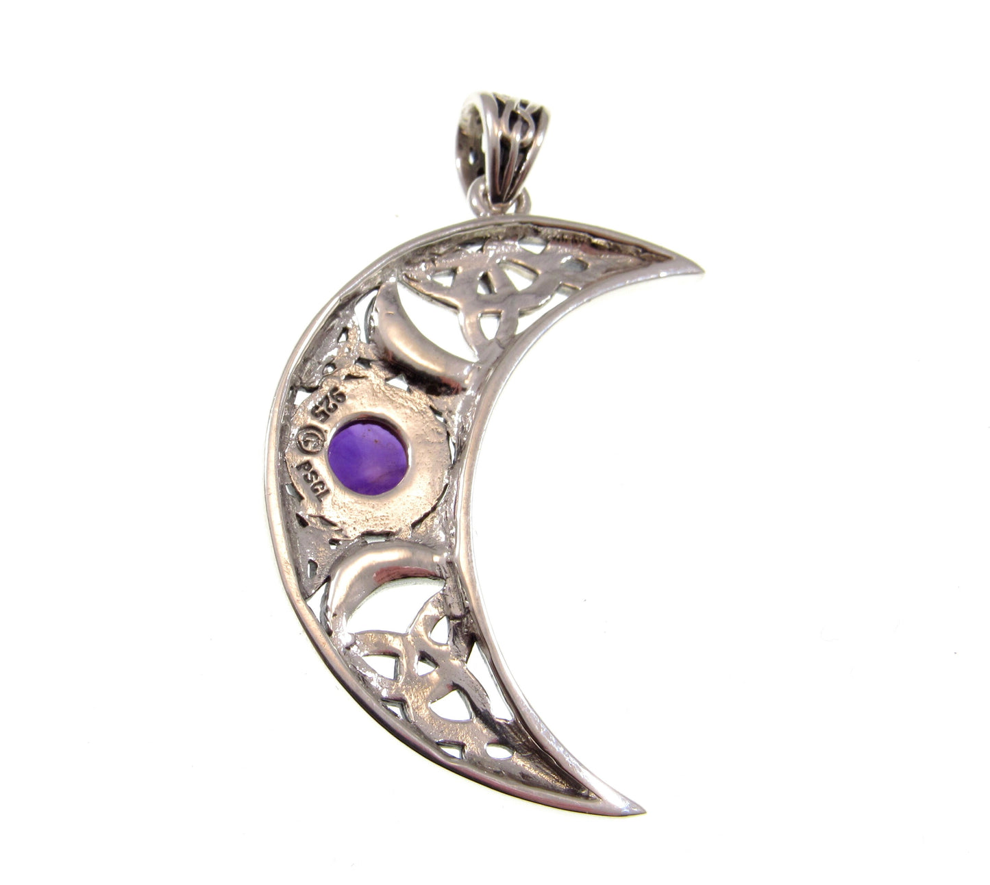 Solid 925 Sterling Silver Celtic Waxing Blue Crescent Moon Pendant, Choose Gemstone: Amethyst, Garnet, or Rainbow Moonstone