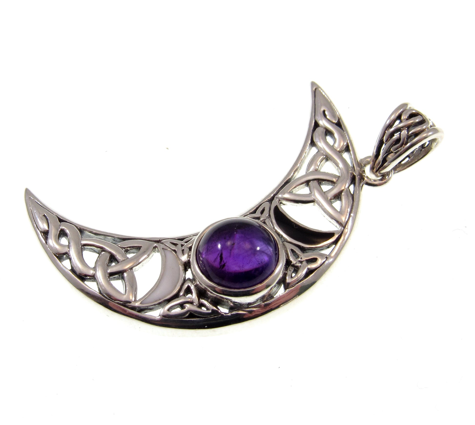 Solid 925 Sterling Silver Celtic Waxing Blue Crescent Moon Pendant, Choose Gemstone: Amethyst, Garnet, or Rainbow Moonstone
