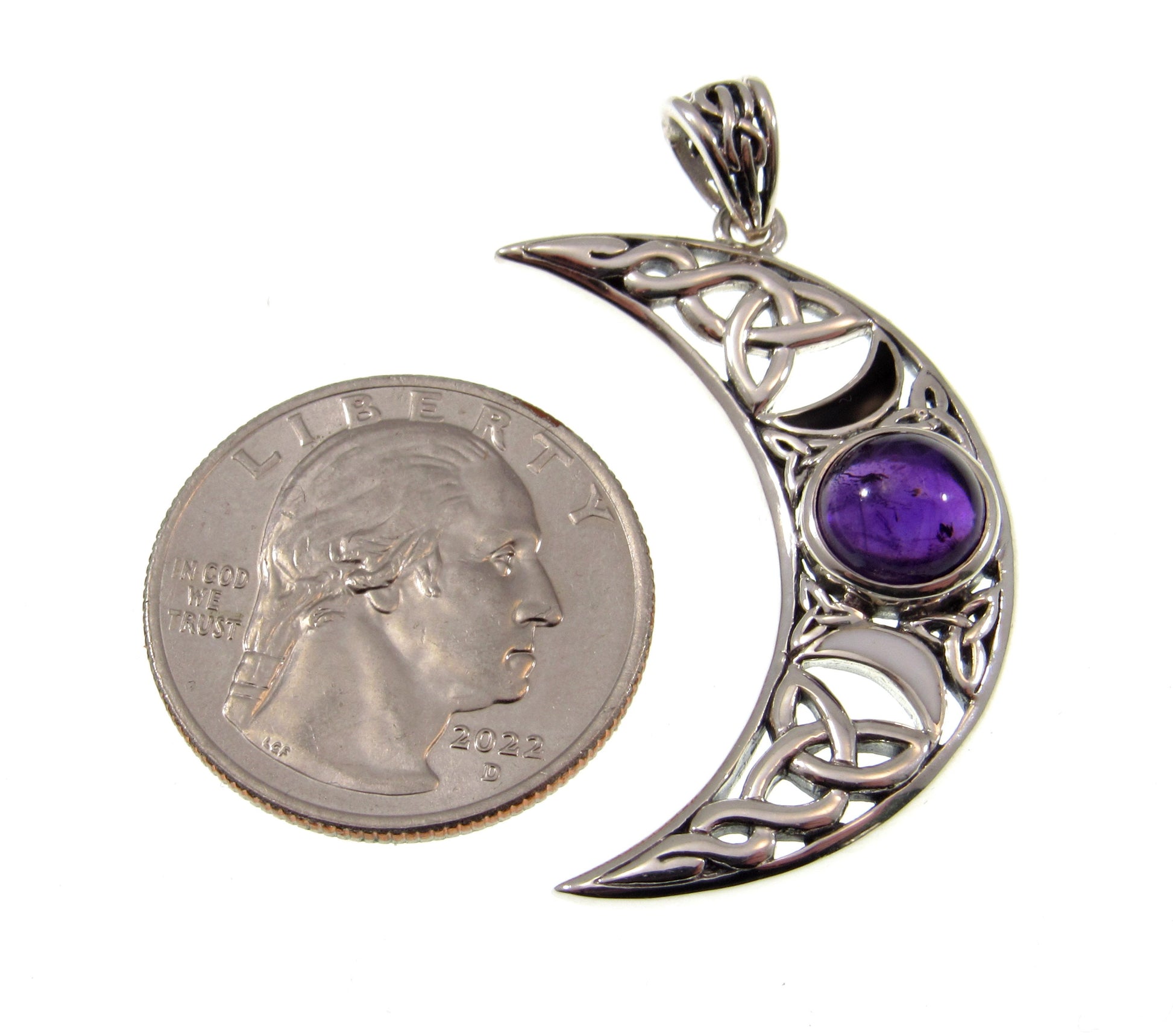 Solid 925 Sterling Silver Celtic Waxing Blue Crescent Moon Pendant, Choose Gemstone: Amethyst, Garnet, or Rainbow Moonstone