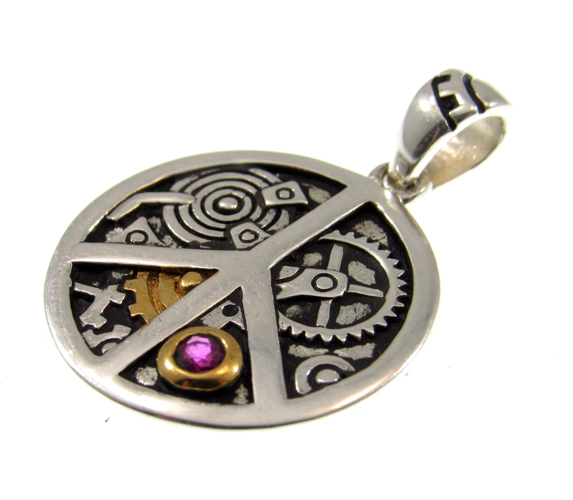 Solid 925 Sterling Silver Peace Sign Steampunk Pendant, Handcrafted Hippie Jewelry with Industrial Gears, 14 Gold and Red Ruby Accents