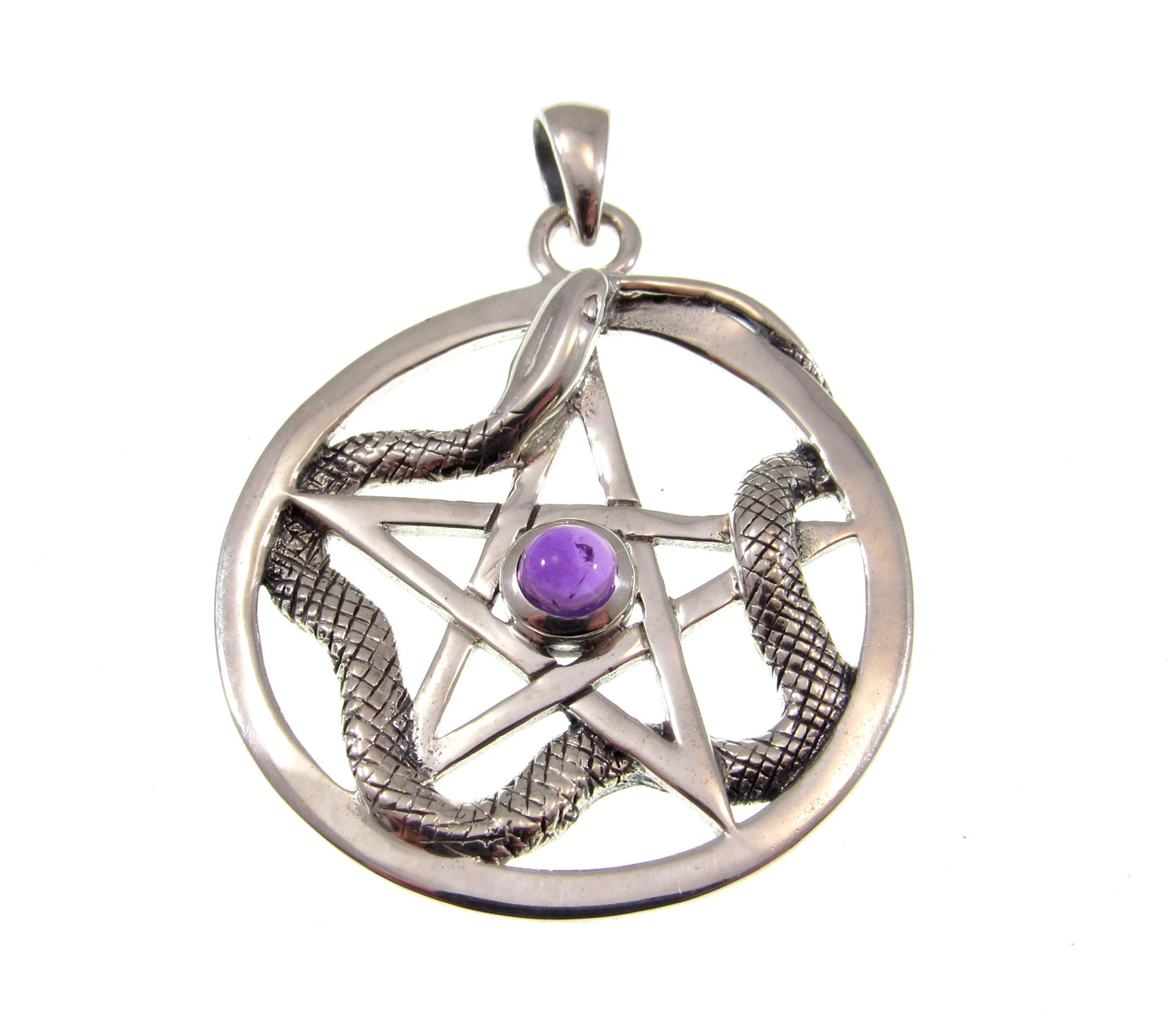 Solid 925 Sterling Silver Weaving Snake Pentacle Pentagram Pendant, Choose Gemstone: Amethyst, Red Garnet, Moonstone or Blue Topaz