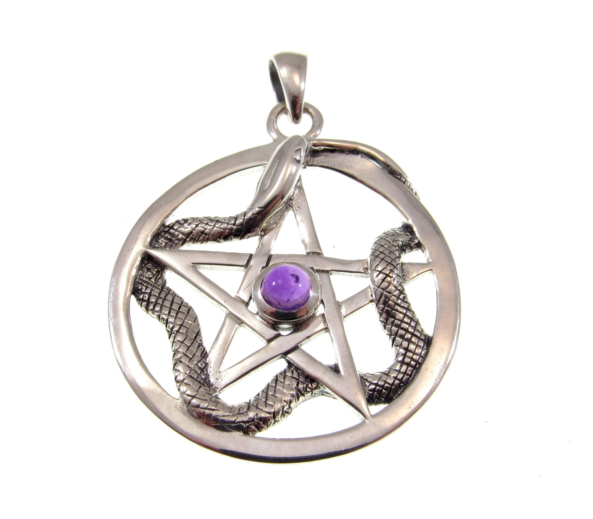 Solid 925 Sterling Silver Weaving Snake Pentacle Pentagram Pendant, Choose Gemstone: Amethyst, Red Garnet, Moonstone or Blue Topaz