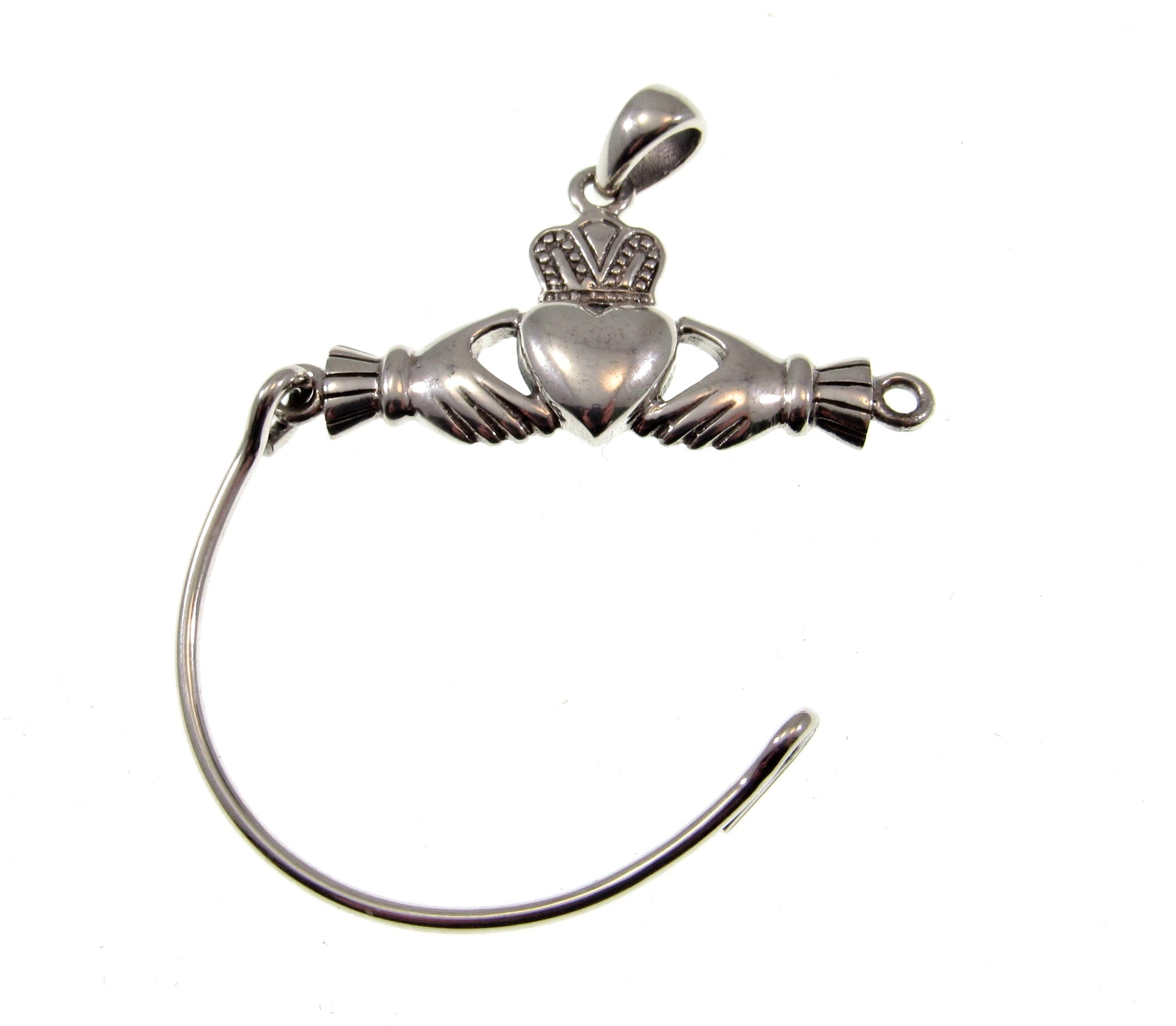 Solid 925 Sterling Silver Celtic Claddagh Heart Charm Holder / Hanger Carrier Pendant, Irish Symbol of Love, Loyalty, and Friendship