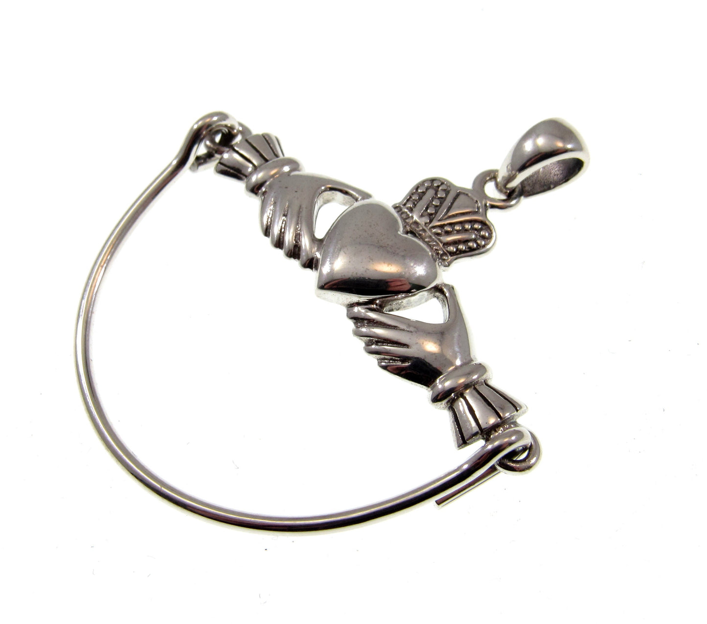 Solid 925 Sterling Silver Celtic Claddagh Heart Charm Holder / Hanger Carrier Pendant, Irish Symbol of Love, Loyalty, and Friendship