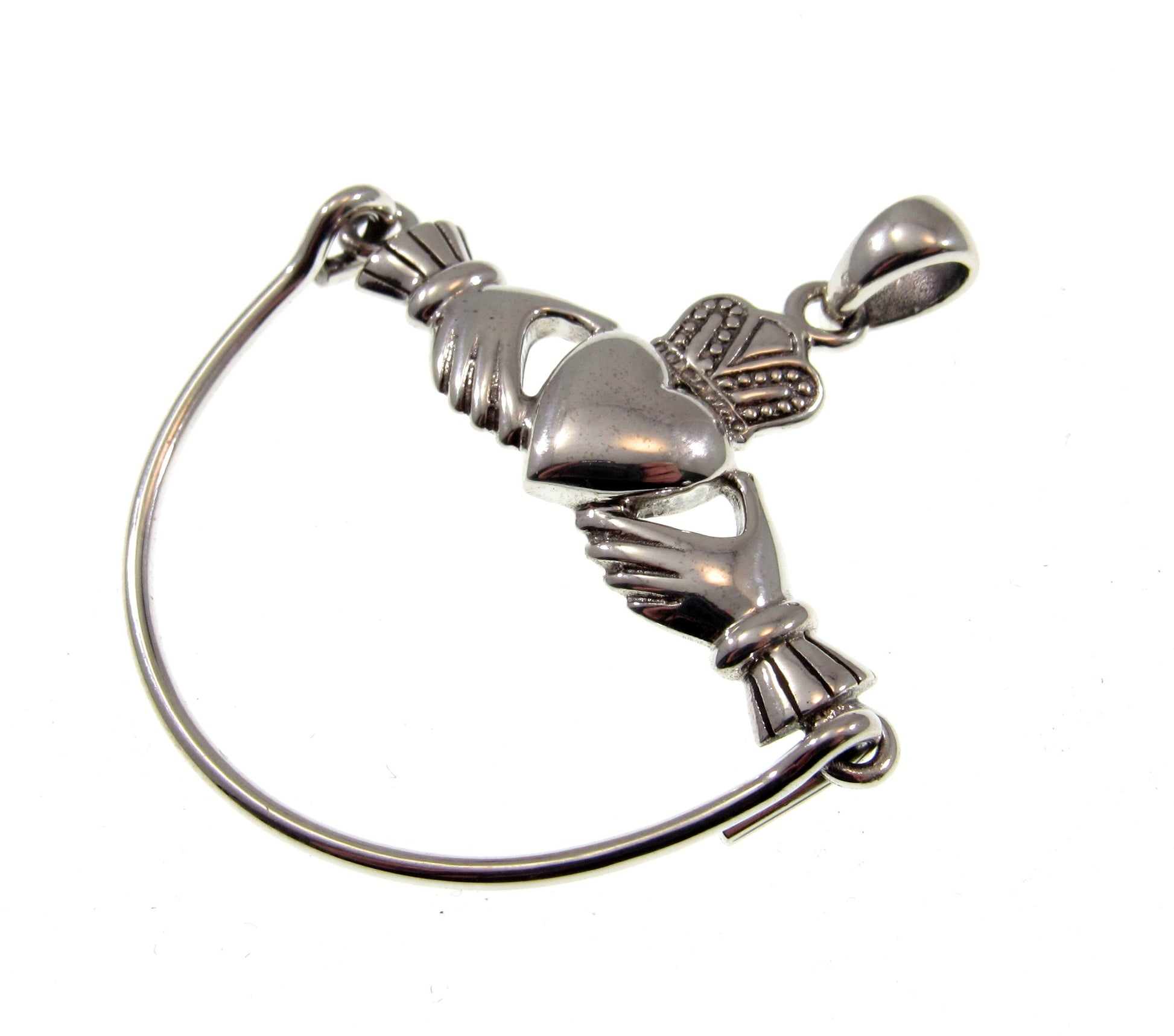 Solid 925 Sterling Silver Celtic Claddagh Heart Charm Holder / Hanger Carrier Pendant, Irish Symbol of Love, Loyalty, and Friendship