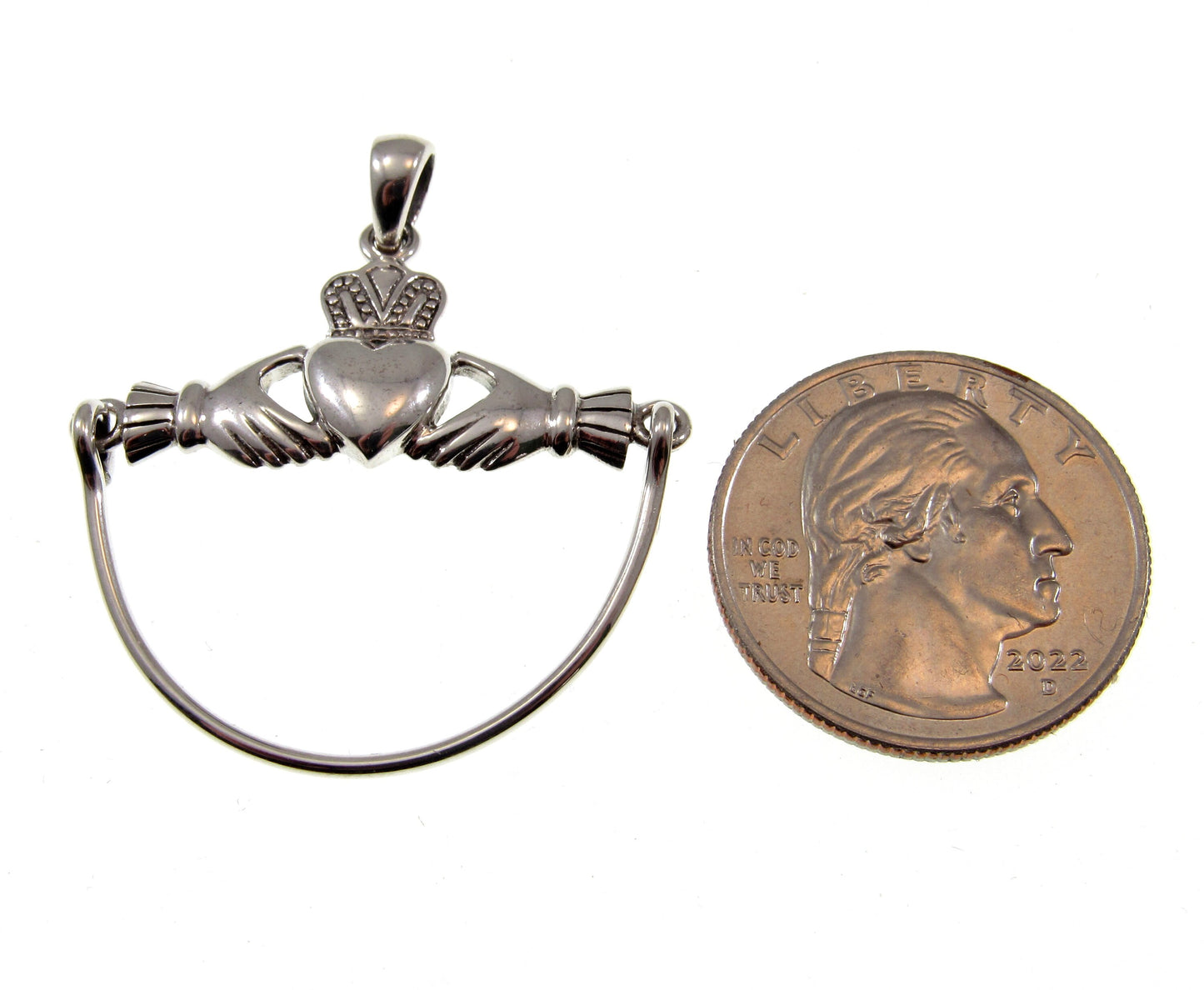 Solid 925 Sterling Silver Celtic Claddagh Heart Charm Holder / Hanger Carrier Pendant, Irish Symbol of Love, Loyalty, and Friendship