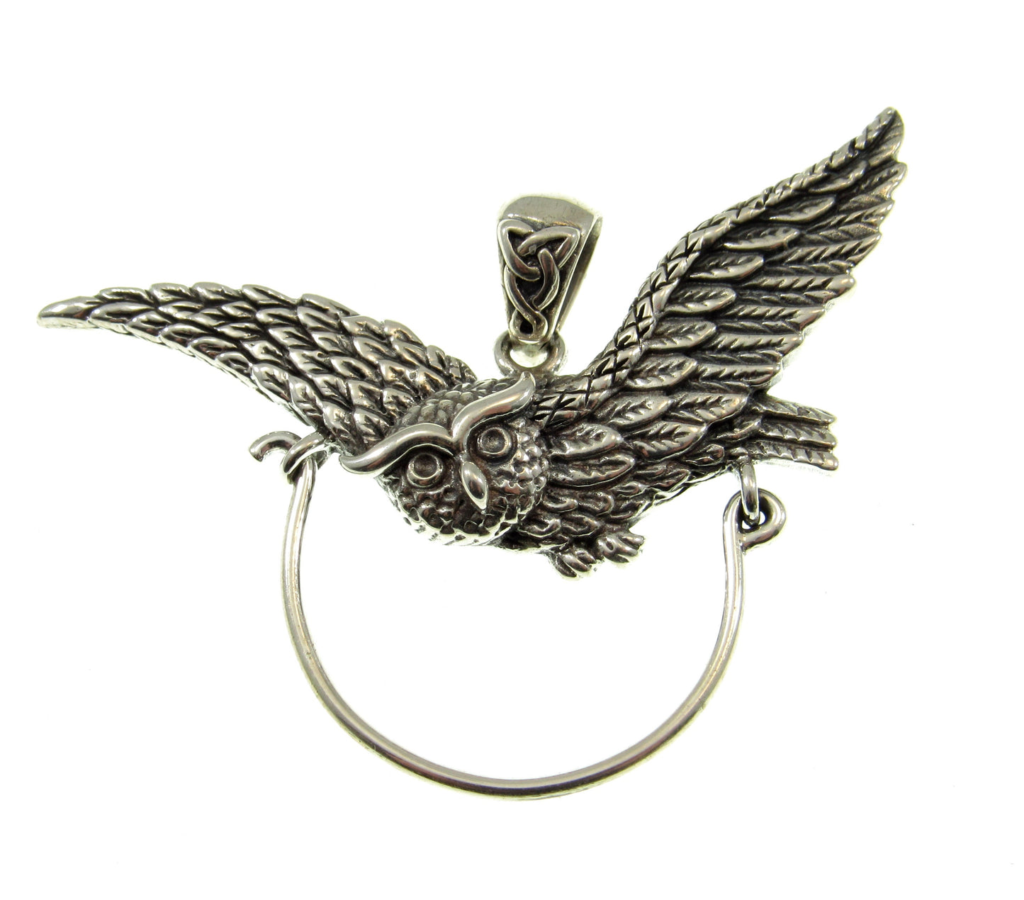 Solid 925 Sterling Silver Charm Holder Barn Owl Pendant, Magical Pagan Symbol of Protection, Handcrafted Spirit Guide Animal Totem Hanger