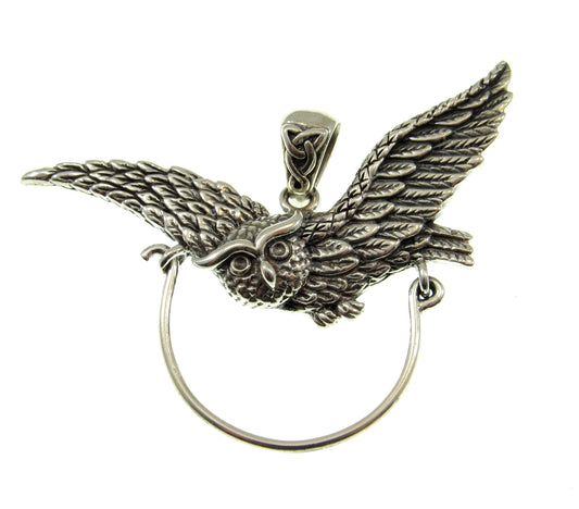 Solid 925 Sterling Silver Charm Holder Barn Owl Pendant, Magical Pagan Symbol of Protection, Handcrafted Spirit Guide Animal Totem Hanger