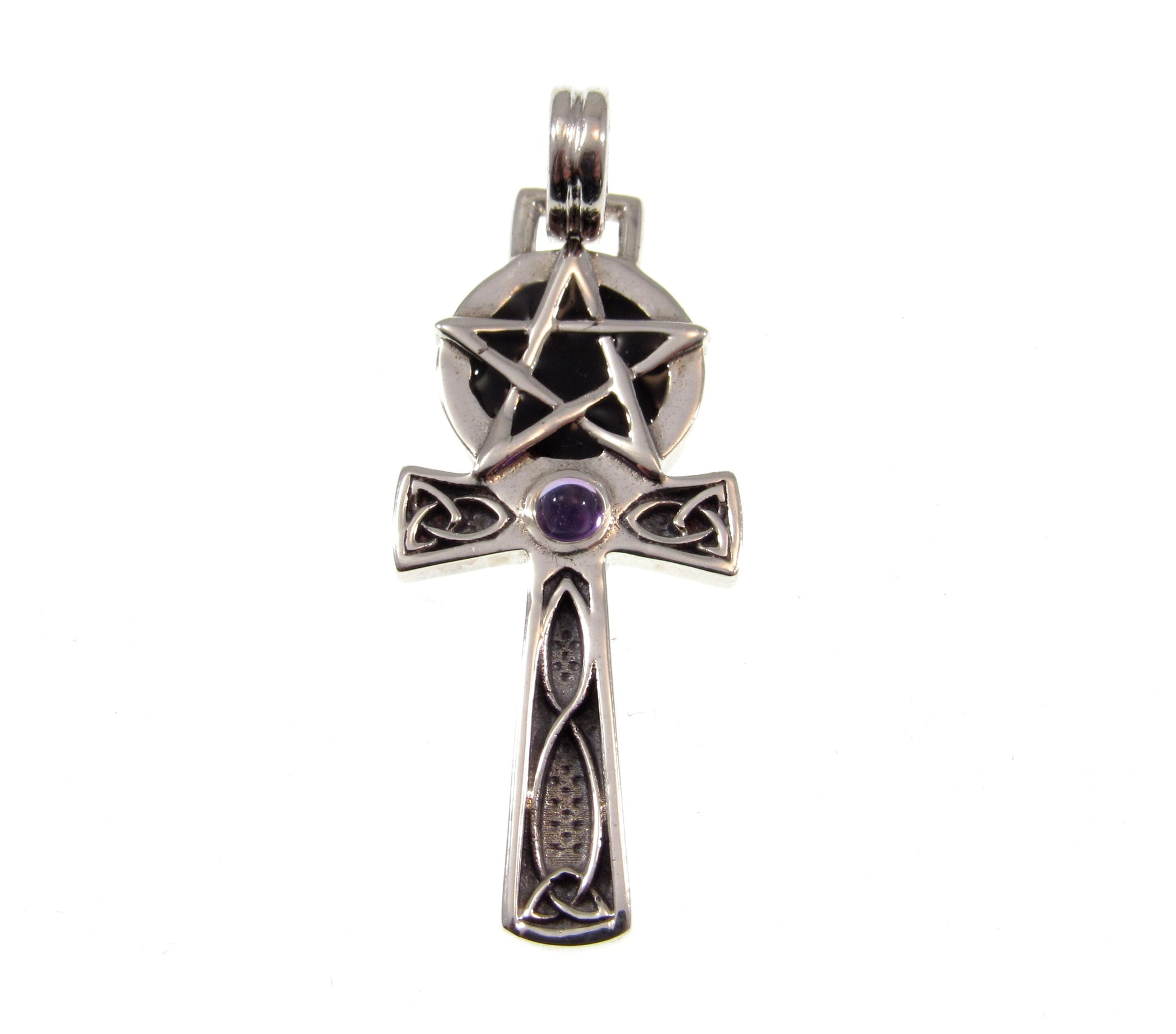 Solid 925 Sterling Silver Egyptian Ankh Pendant with Celtic Knots and Pentacle Pentagram, Choose Amethyst, Garnet, or Moonstone Gemstone