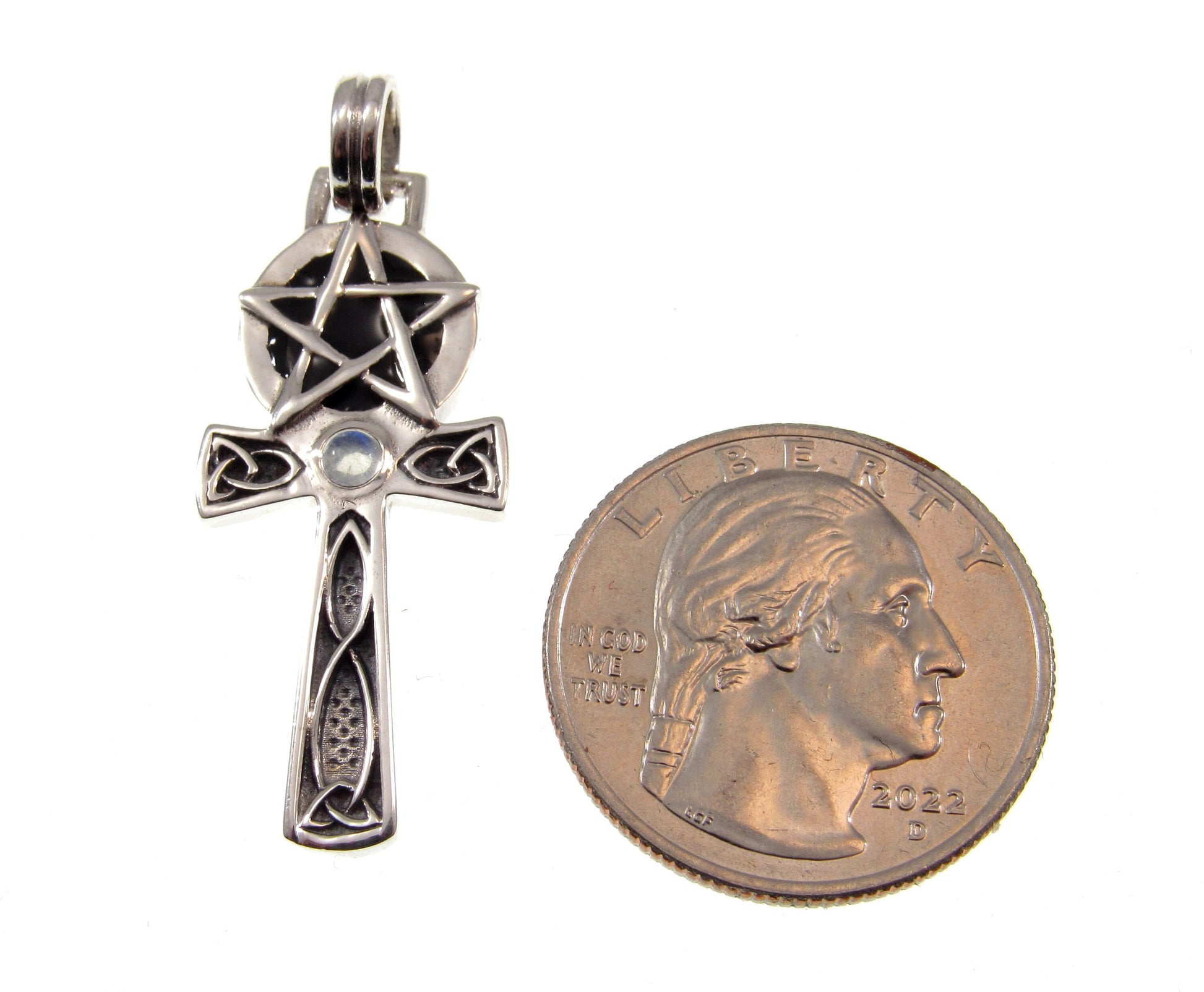 Solid 925 Sterling Silver Egyptian Ankh Pendant with Celtic Knots and Pentacle Pentagram, Choose Amethyst, Garnet, or Moonstone Gemstone