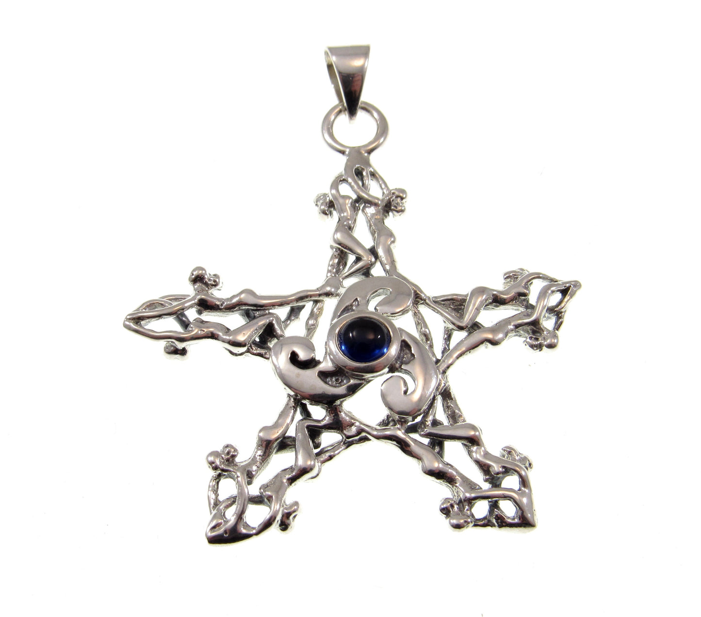Solid 925 Sterling Silver Triskele Nude Goddesses Pentagram Pendant, Choose Gemstone: Amethyst Garnet Moonstone or Sapphire
