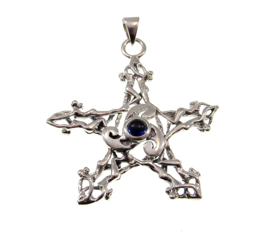 Solid 925 Sterling Silver Triskele Nude Goddesses Pentagram Pendant, Choose Gemstone: Amethyst Garnet Moonstone or Sapphire
