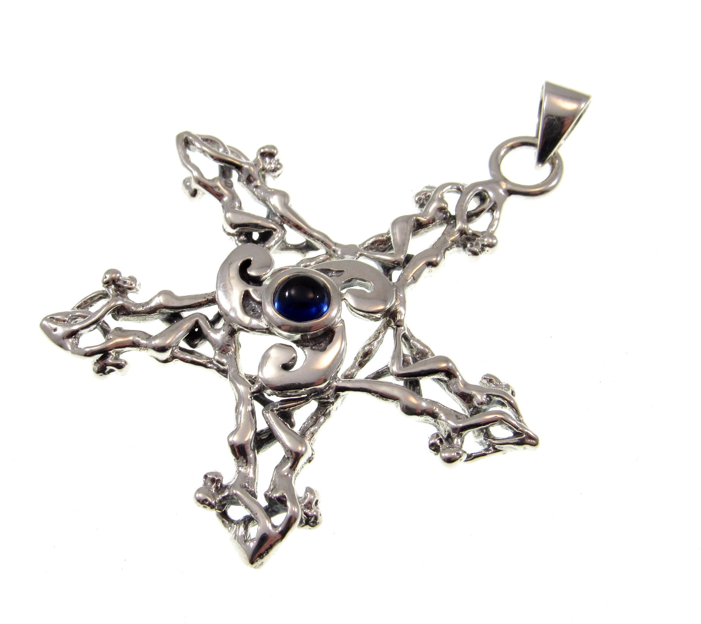 Solid 925 Sterling Silver Triskele Nude Goddesses Pentagram Pendant, Choose Gemstone: Amethyst Garnet Moonstone or Sapphire