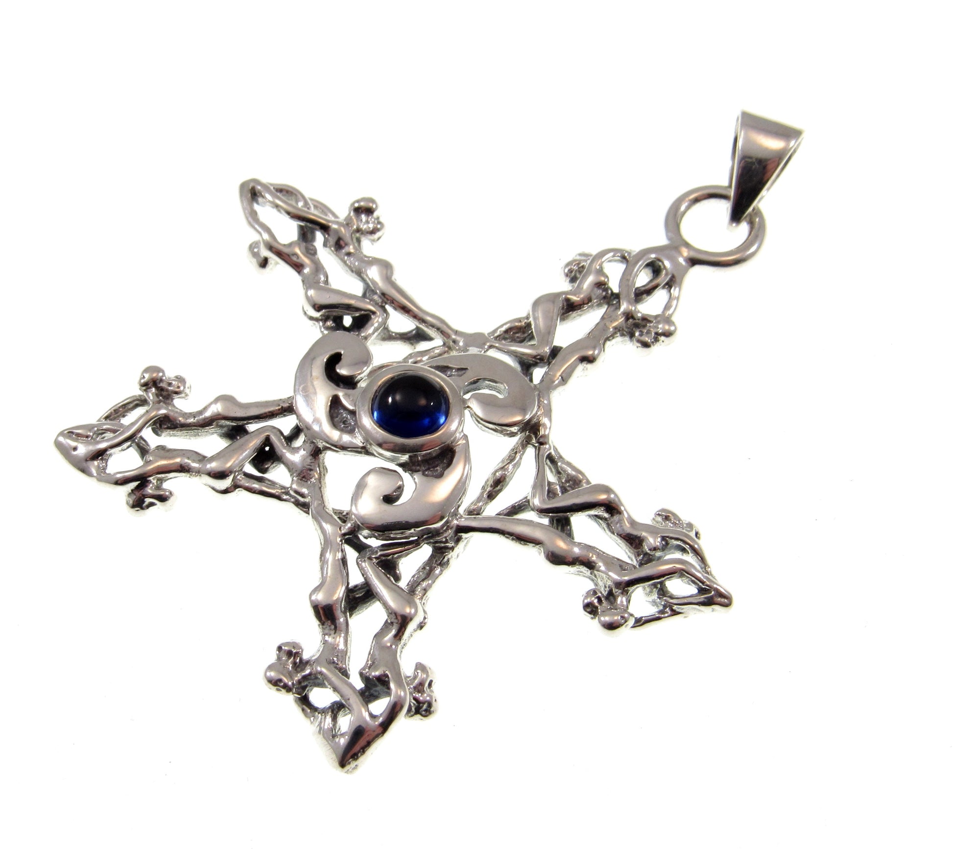 Solid 925 Sterling Silver Triskele Nude Goddesses Pentagram Pendant, Choose Gemstone: Amethyst Garnet Moonstone or Sapphire