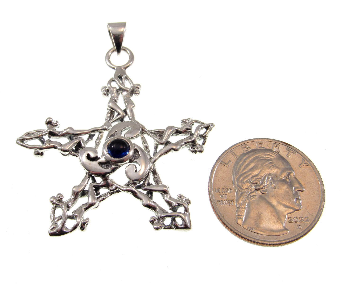 Solid 925 Sterling Silver Triskele Nude Goddesses Pentagram Pendant, Choose Gemstone: Amethyst Garnet Moonstone or Sapphire