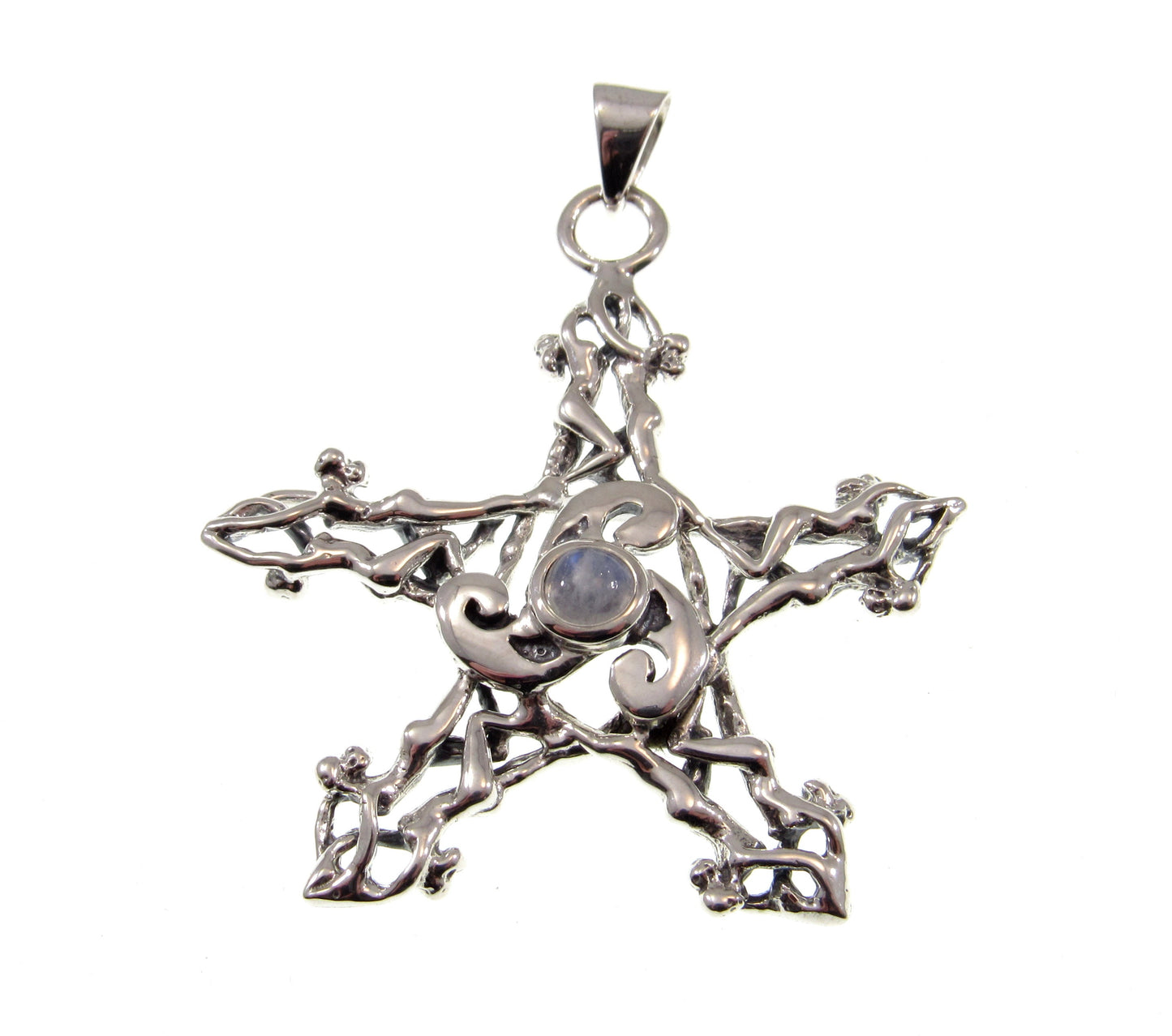 Solid 925 Sterling Silver Triskele Nude Goddesses Pentagram Pendant, Choose Gemstone: Amethyst Garnet Moonstone or Sapphire