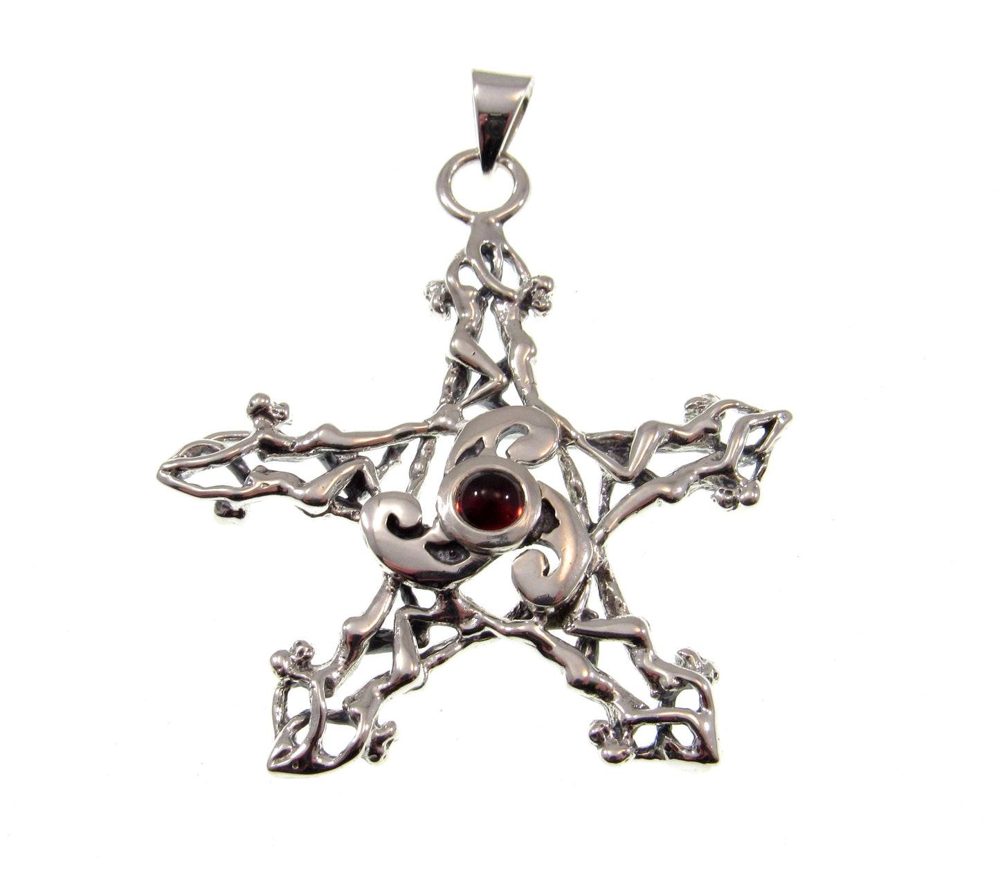 Solid 925 Sterling Silver Triskele Nude Goddesses Pentagram Pendant, Choose Gemstone: Amethyst Garnet Moonstone or Sapphire