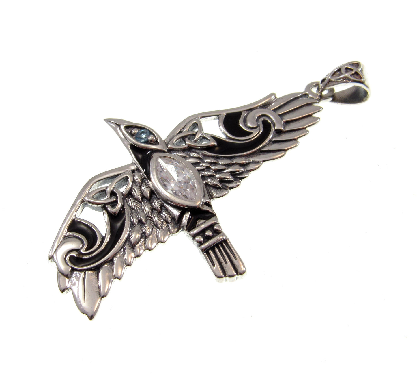 Solid 925 Sterling Silver Raven Pendant in Flight, Celtic Knot Bird with Faceted Gemstone – Amethyst Garnet Moonstone or Topaz