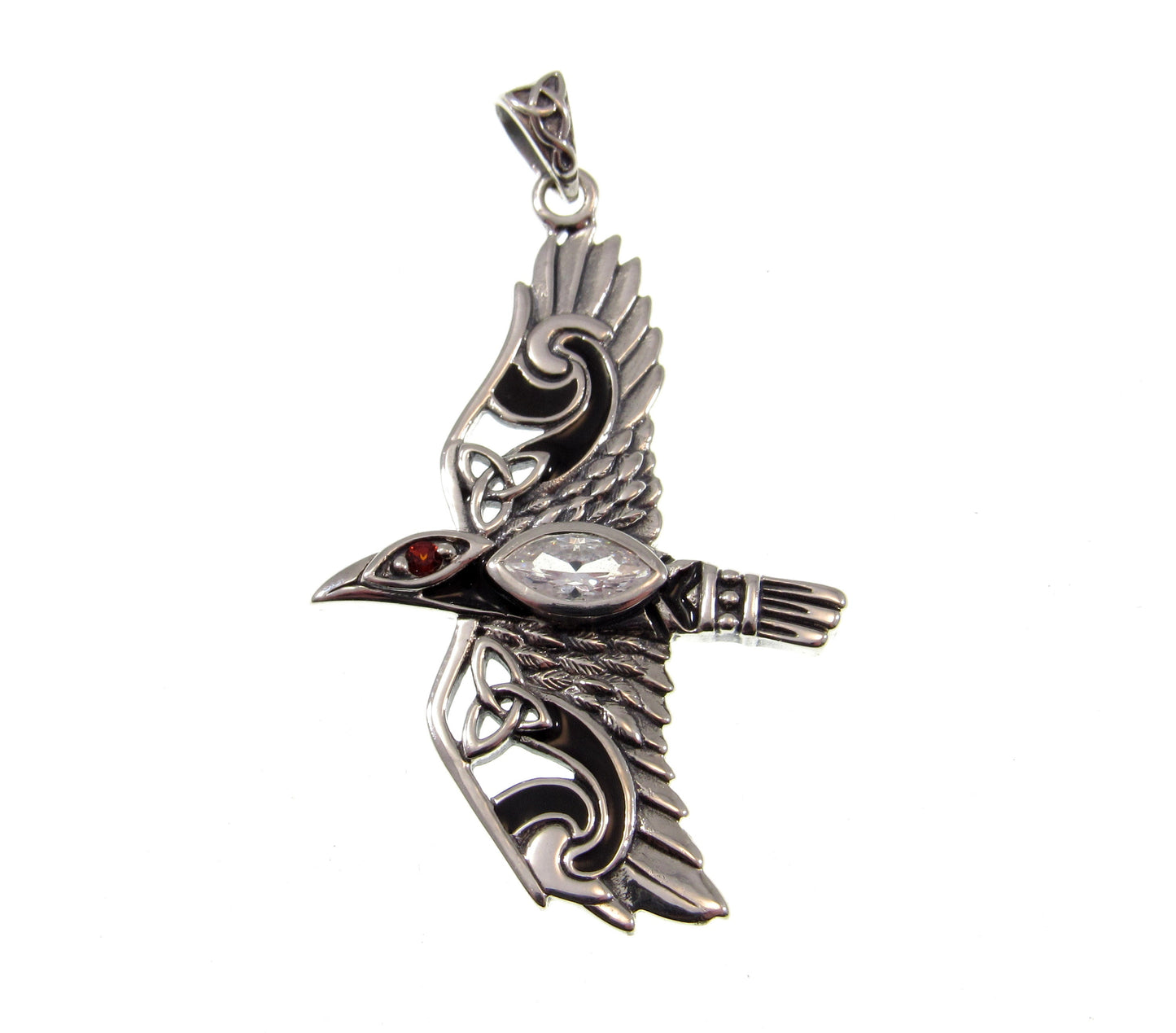 Solid 925 Sterling Silver Mythical Raven in Flight Pendant, Choose Faceted Gemstone: Purple Amethyst, Red Garnet, Rainbow Moonstone, Topaz