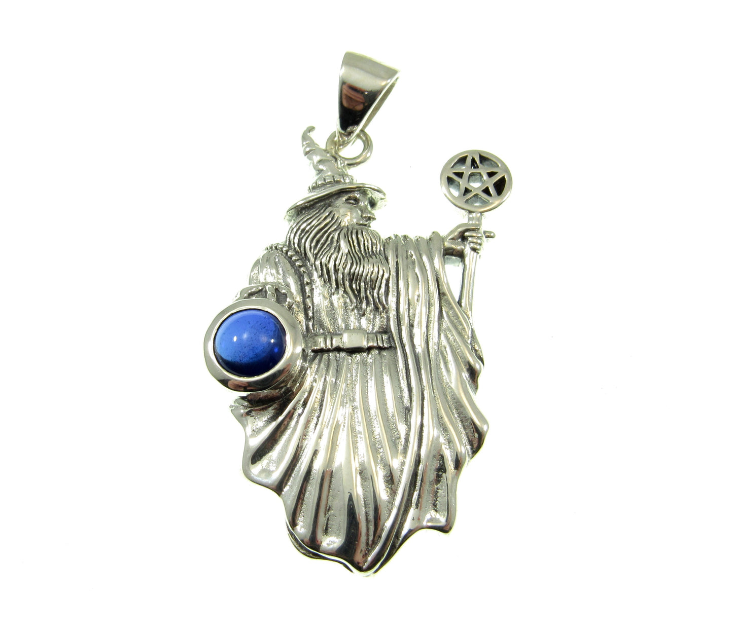 Solid 925 Sterling Silver Wizard with the Pentacle Star Pentagram Pendant w/ Gemstone: Amethyst, Garnet, Moonstone, or Sapphire