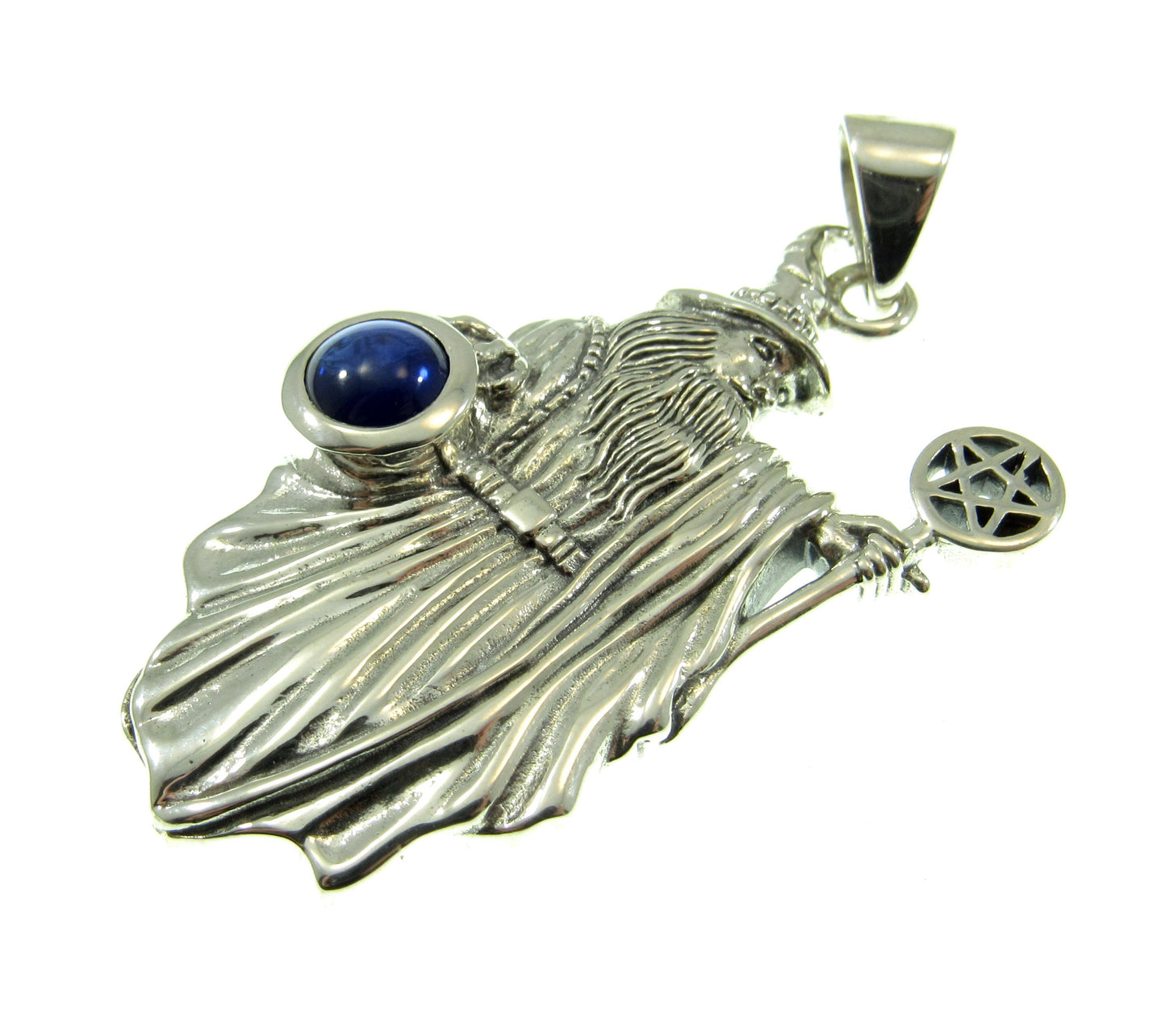 Solid 925 Sterling Silver Wizard with the Pentacle Star Pentagram Pendant w/ Gemstone: Amethyst, Garnet, Moonstone, or Sapphire