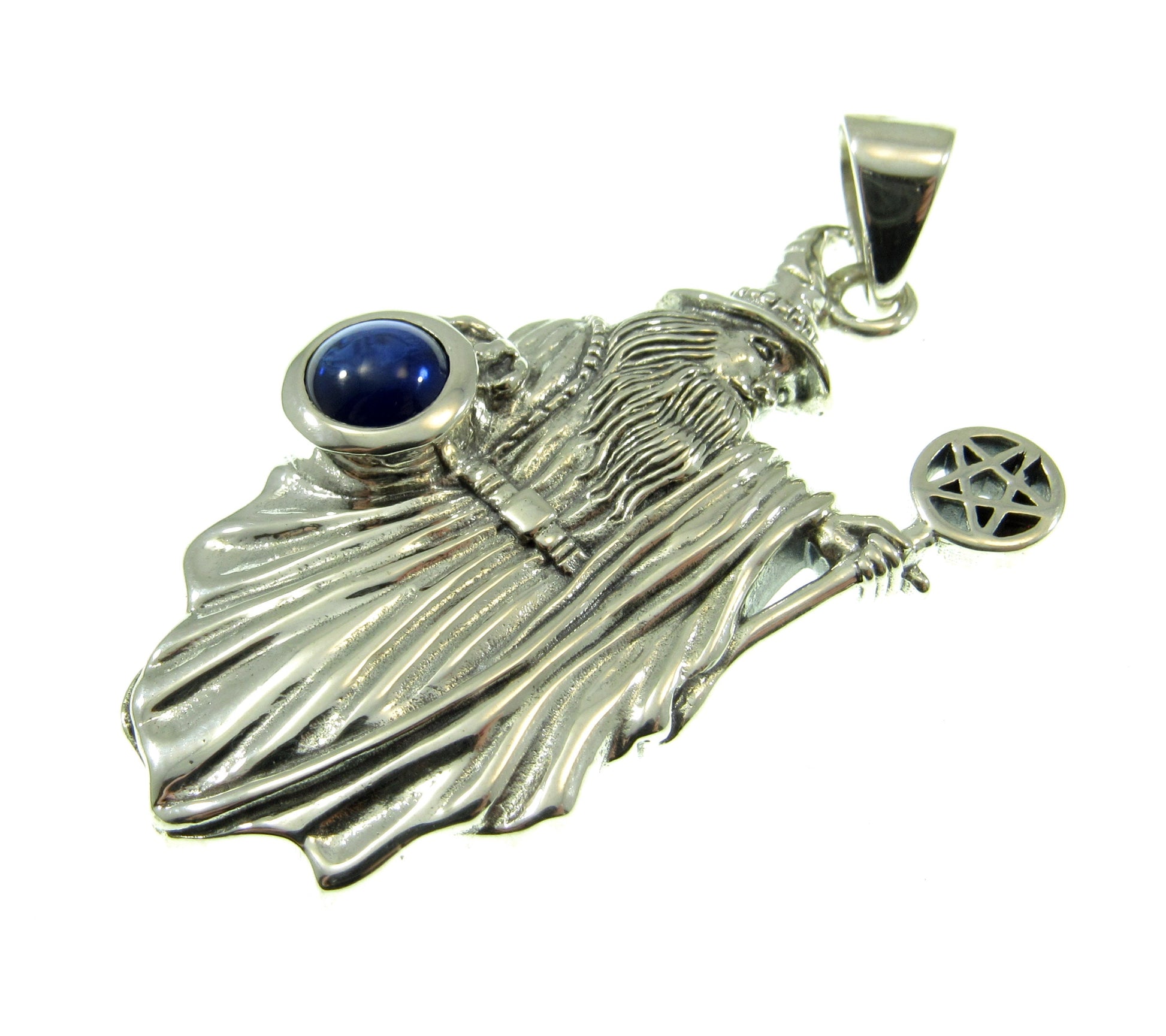 Solid 925 Sterling Silver Wizard with the Pentacle Star Pentagram Pendant w/ Gemstone: Amethyst, Garnet, Moonstone, or Sapphire