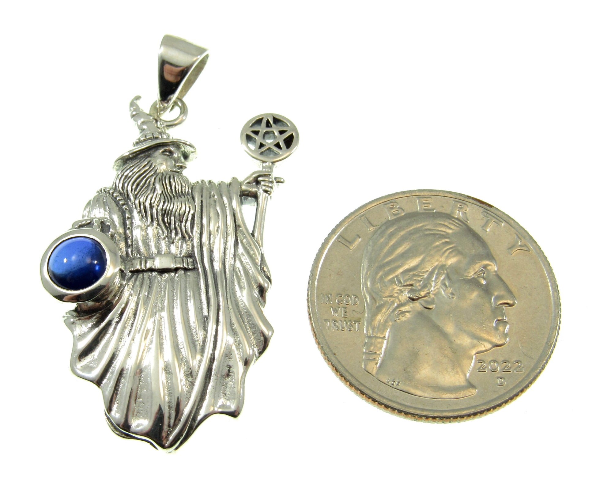 Solid 925 Sterling Silver Wizard with the Pentacle Star Pentagram Pendant w/ Gemstone: Amethyst, Garnet, Moonstone, or Sapphire