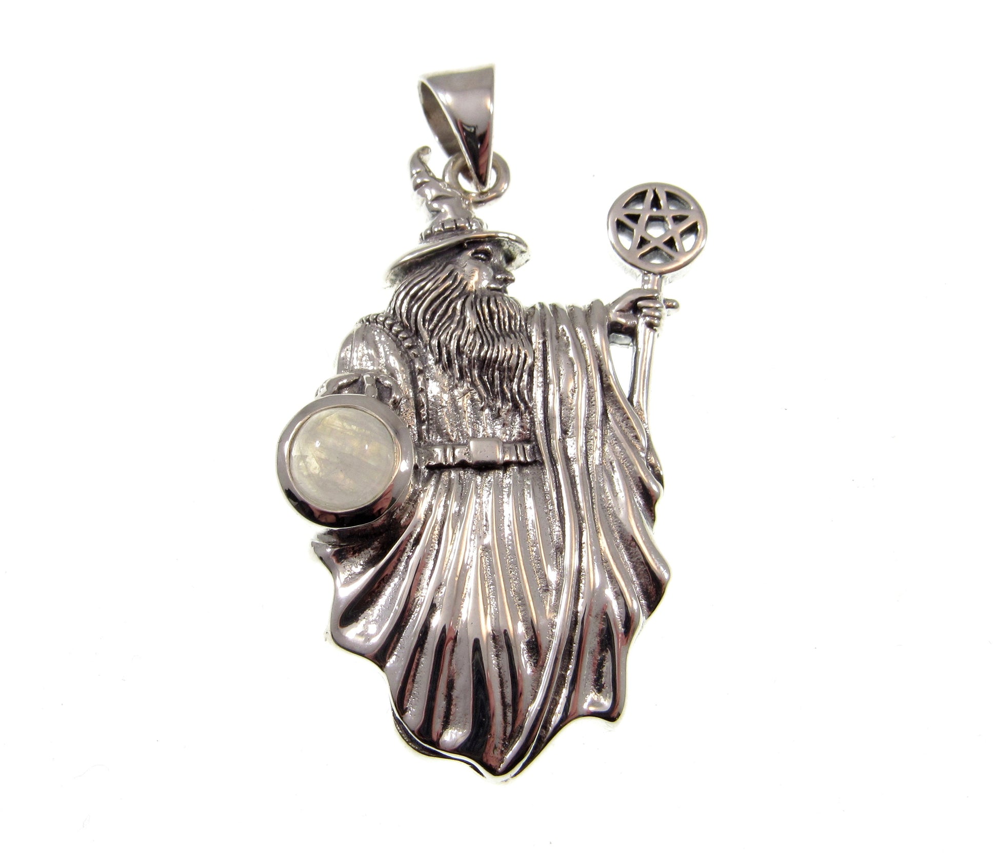 Solid 925 Sterling Silver Wizard Pentagram Pendant – Wiccan Amulet – Choose Amethyst, Garnet, Moonstone, Sapphire