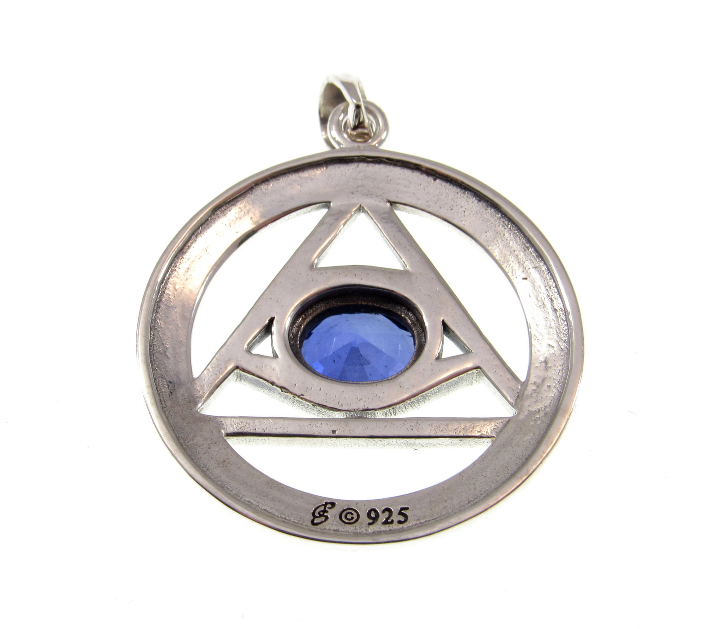 Solid 925 Sterling Silver Eye of the Egyptian Pyramid Illuminati Pendant, Choose Gemstone: Amethyst Garnet Sapphire or Bue Topaz